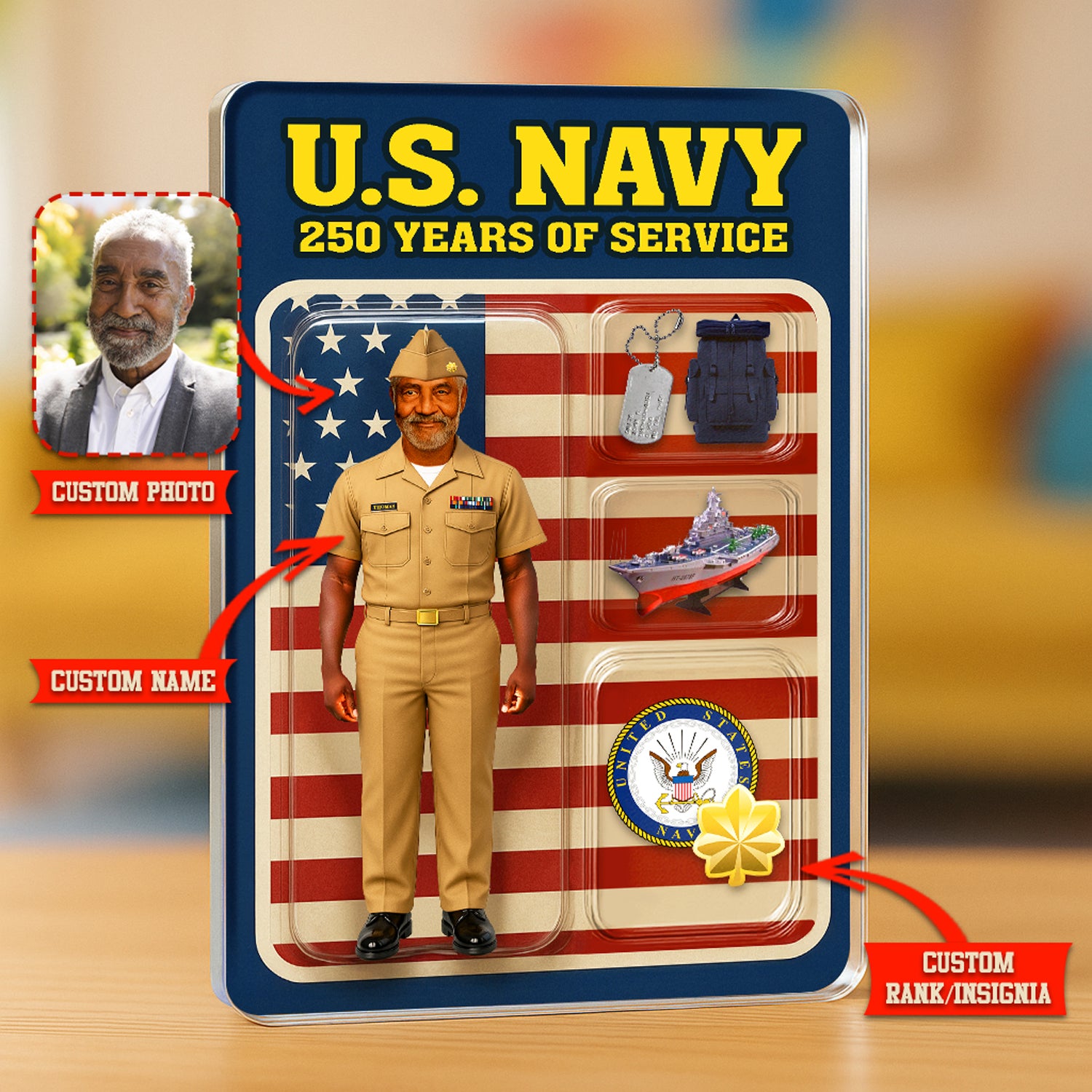 Personalized US Navy 250th Years Of Service Custom Figure Service Uniforms Acrylic Block