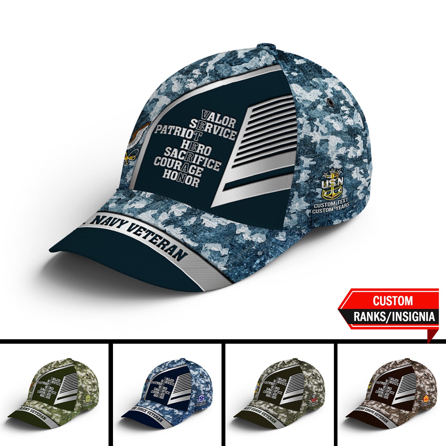 Custom Ranks/Insignia, Personalized Name And Years Served All Over Prints Premium Classic Cap JAOVC16