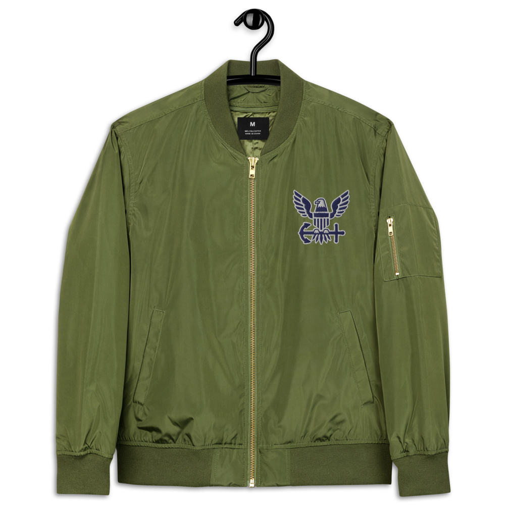 Never Underestimate An Old Navy, Custom Navy Ranks, Insignia On Back, Embroidered Recycled Bomber Jacket
