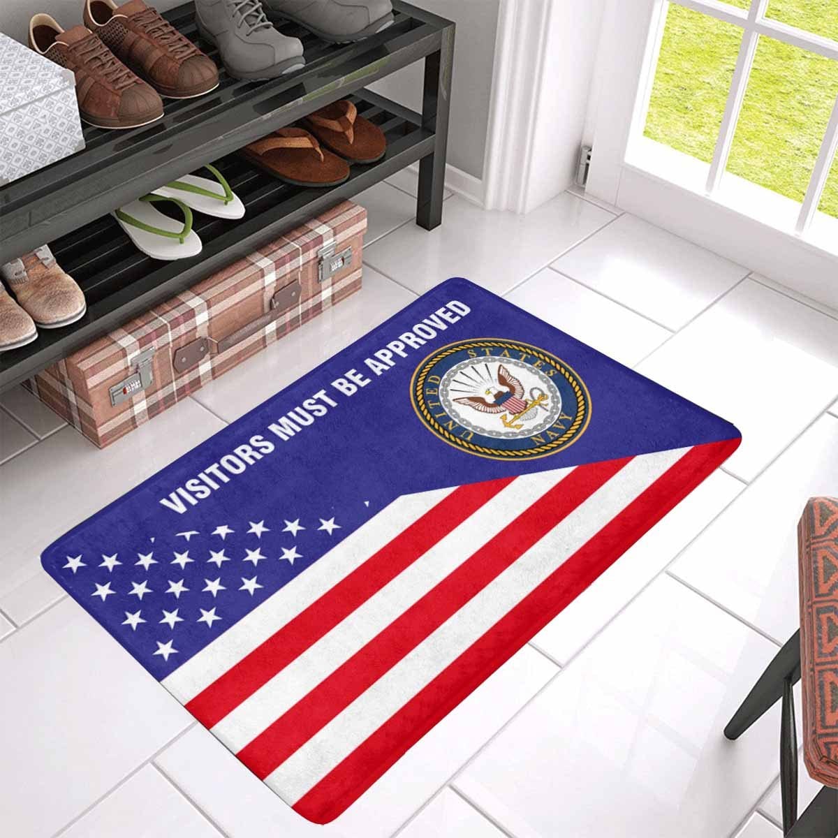 US Flag and US Navy Logo - Visitors Must Be Approved Doormat-Doormat-Navy-Logo-Veterans Nation