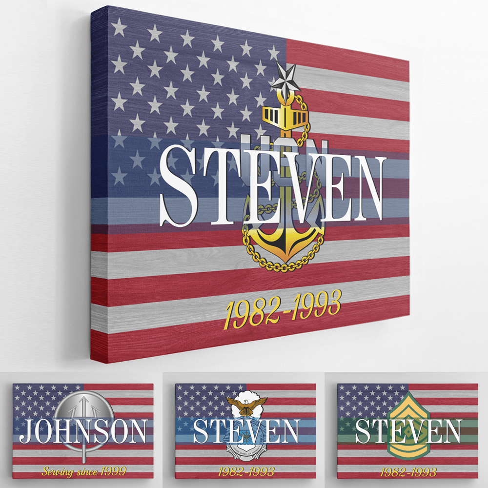 Personalized Canvas 1.5in Frame - USA Flag With Military Ranks/Insignia - Personalized Name & Ranks D06-Canvas-Personalized-AllBranch-Veterans Nation