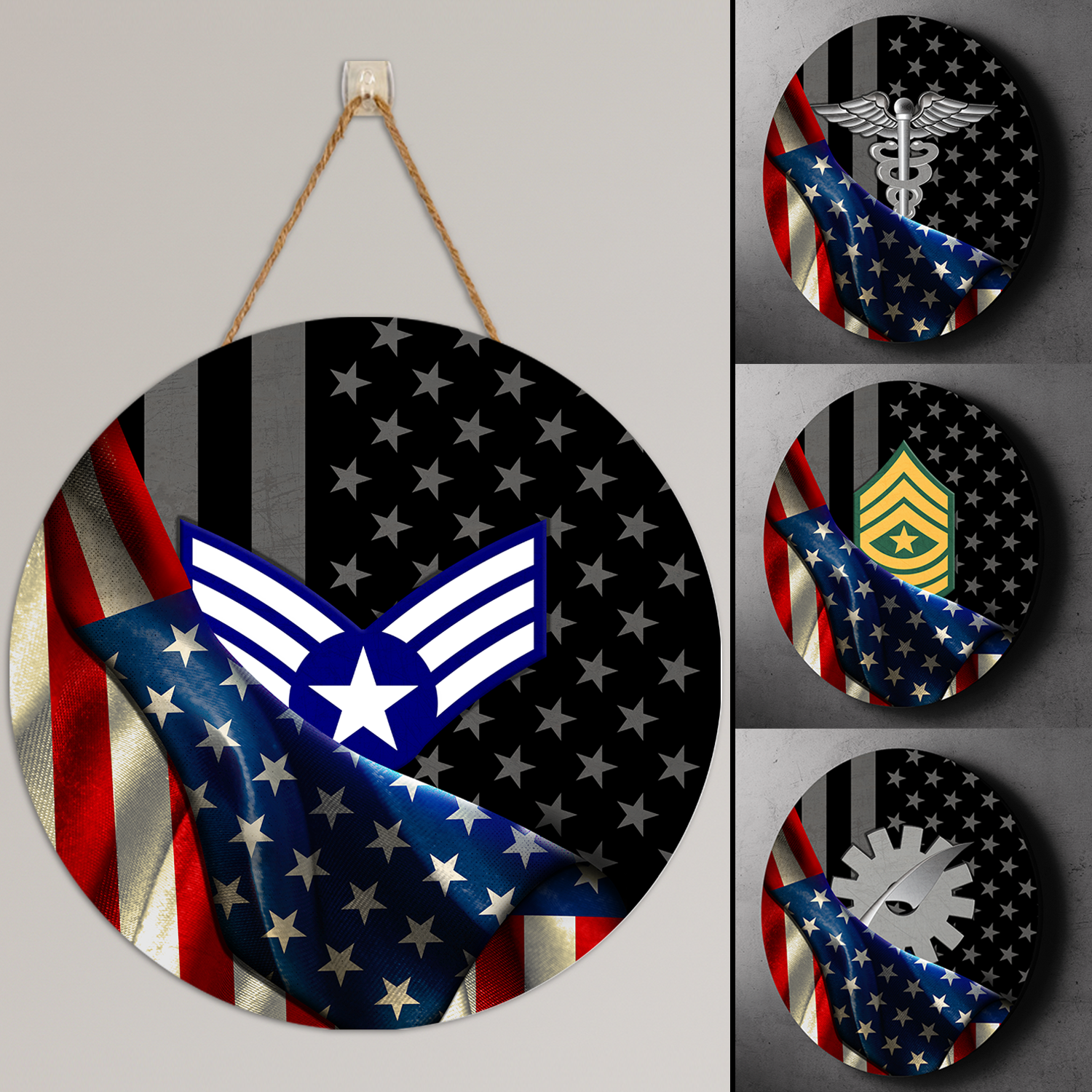 Custom Round Wood Sign, Half USA Flag With Military Ranks/Insignia-Round Sign-Veterans Nation