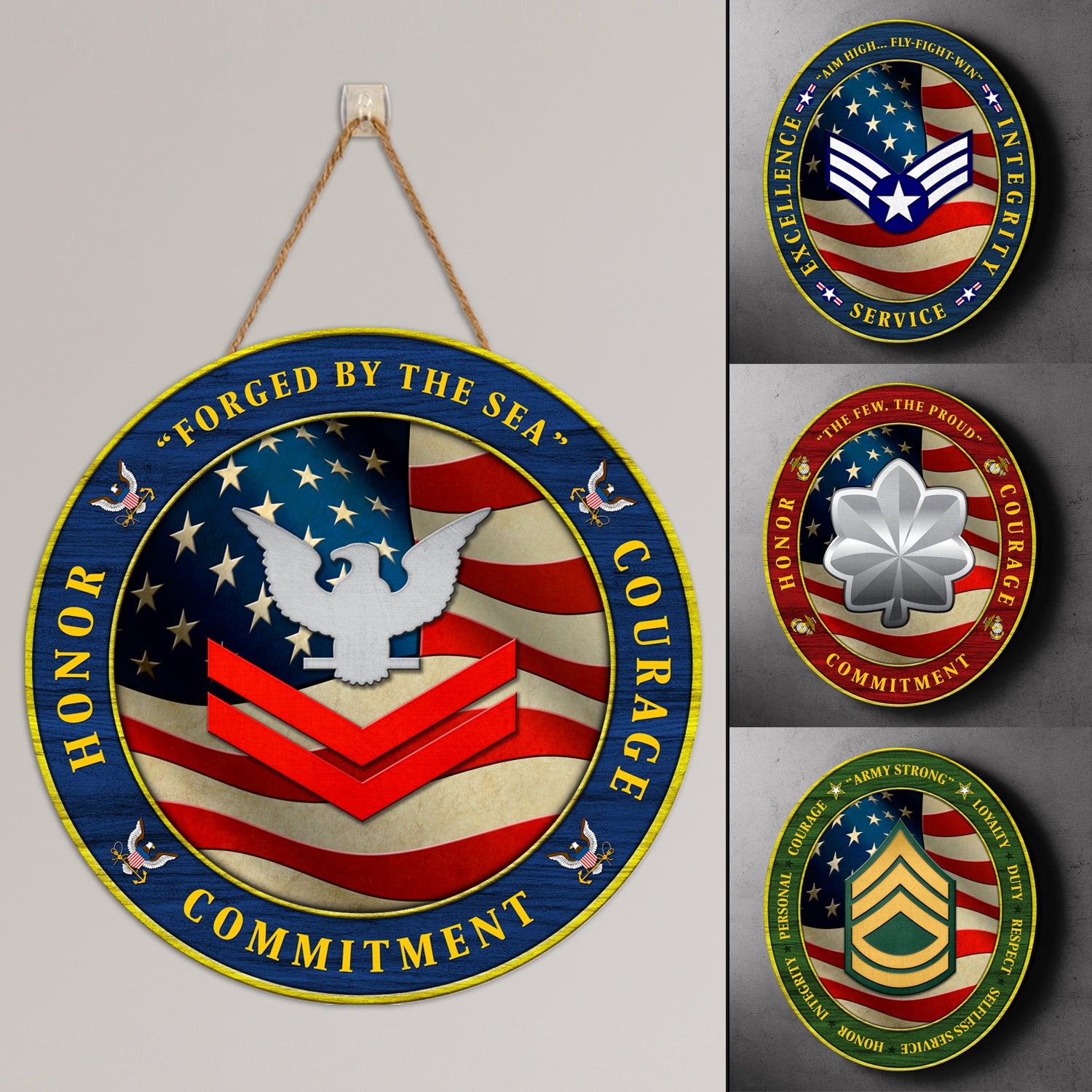 Custom Round Wood Sign, Military Mottos, Core Values With Military Ranks/Insignia-Round Sign-Veterans Nation