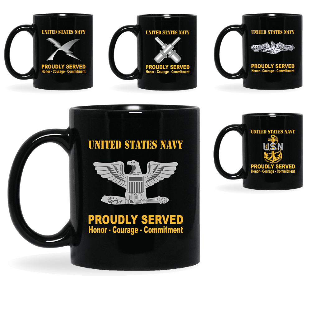 US Navy Insignia Proudly Served Core Values 11oz - 15oz Black Mug-Mug-Army-Veterans Nation