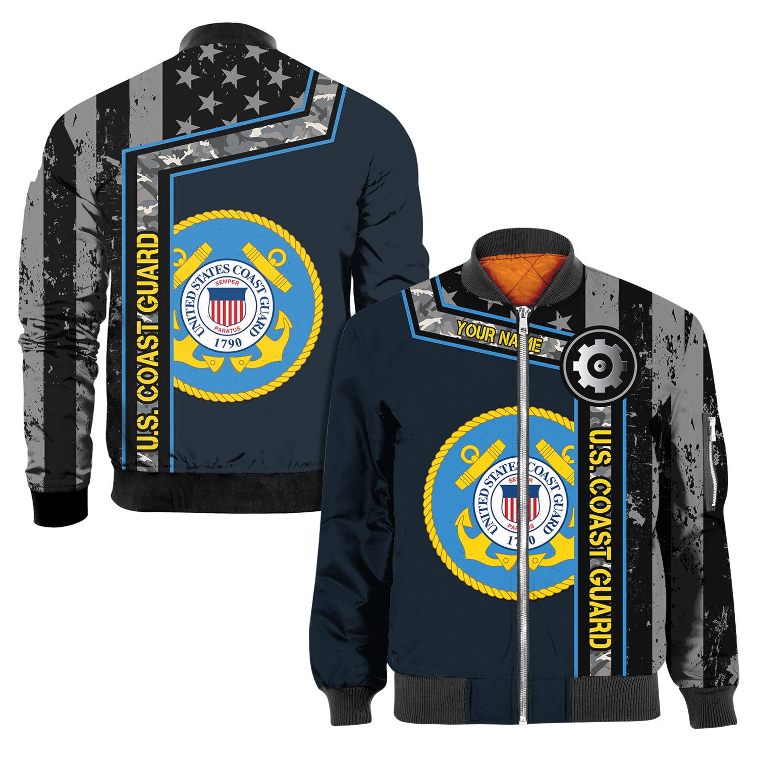 Custom 3D All Over Prints Bomber Jacket, Personalized Name And Military Logo, Black/White USA Flag-AOV-Custom-Veterans Nation