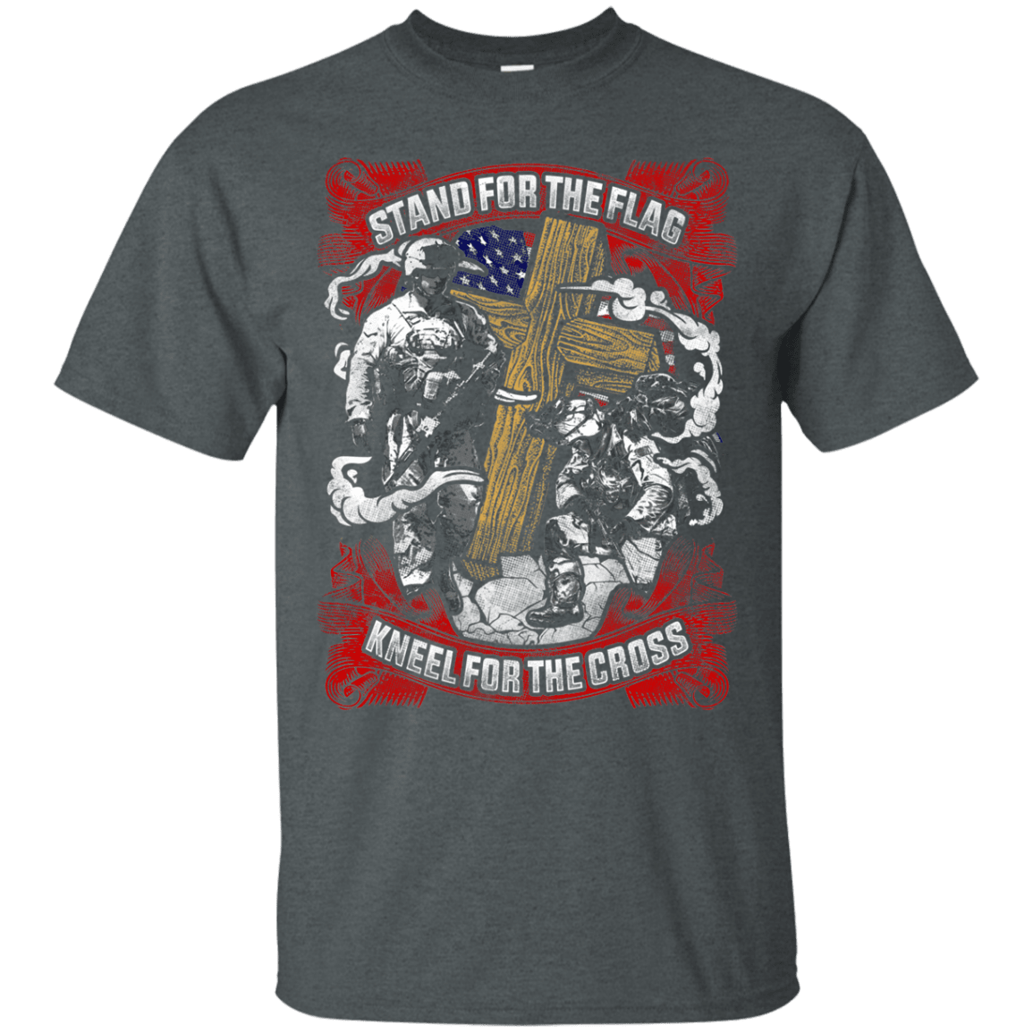 Military T-Shirt "Stand For the Flag Kneel For The Cross Men" Front-TShirt-General-Veterans Nation