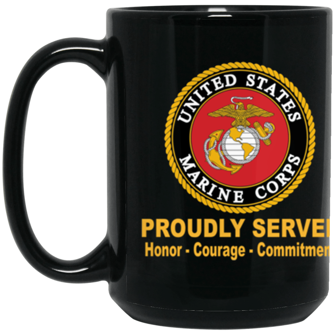 US Marine Corps Logo Proudly Served Core Values 15 oz. Black Mug-Drinkware-Veterans Nation