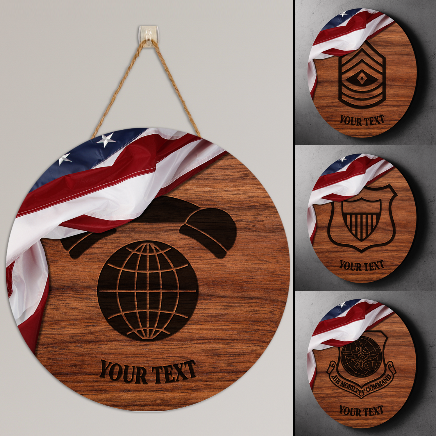 Custom Round Wood Sign, USA Flag With Military Ranks/Insignia, Personalized Text-Round Sign-Veterans Nation