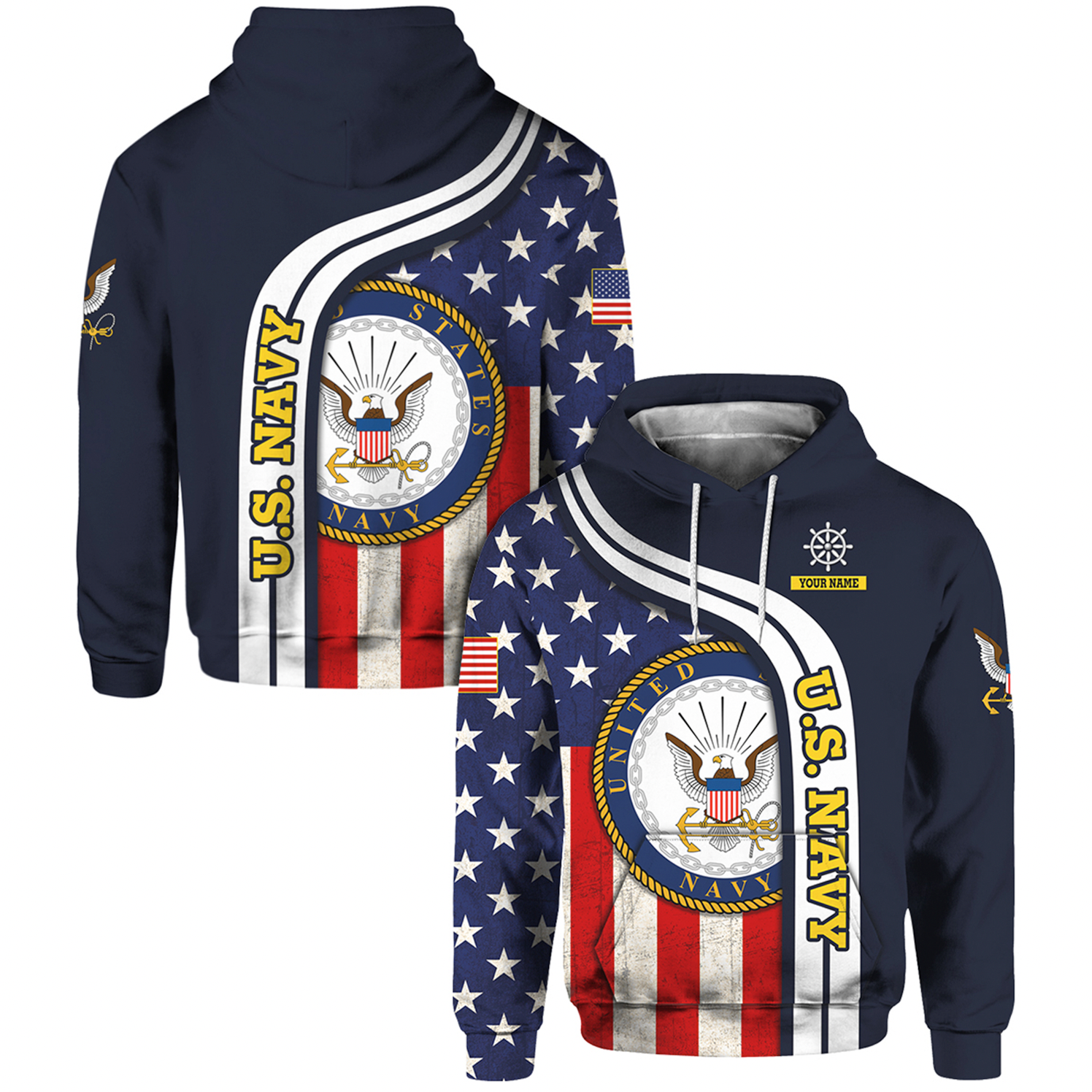 Custom 3D All Over Prints Hoodie, Personalized Name And Military Logo, USA Flag-AOV-Custom-Veterans Nation