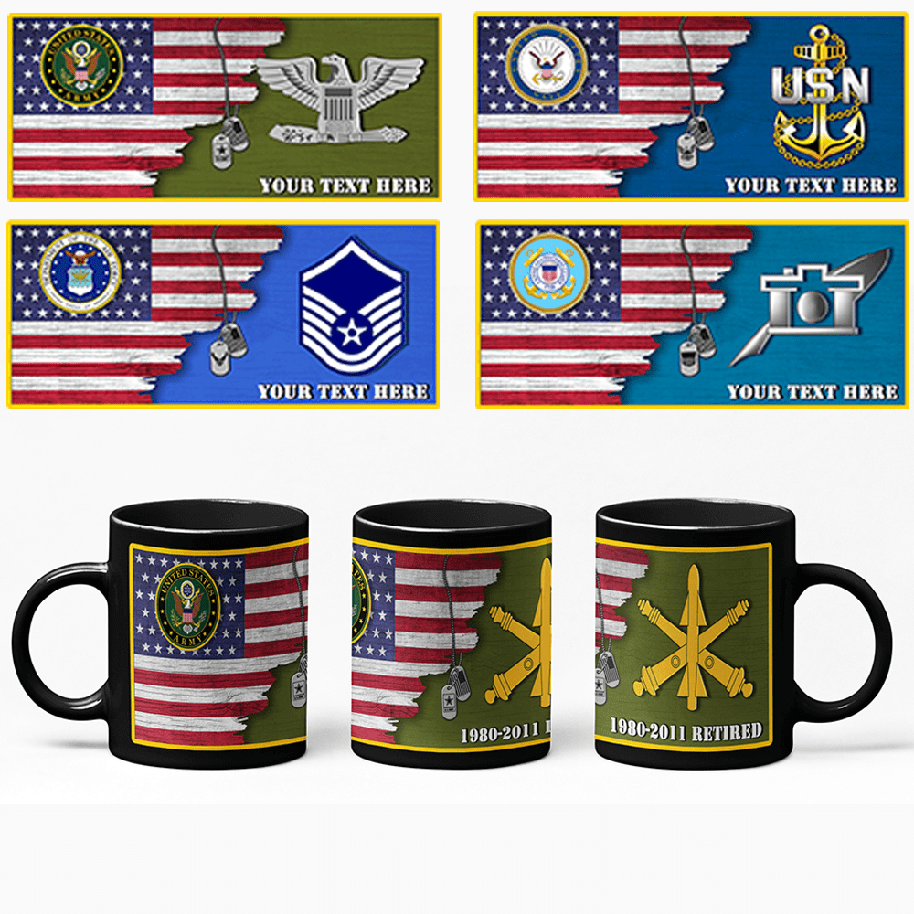 Personalized USA Flag with Military Insignia and Text 11oz-15oz Black Mug-Mug-AllBranch-Veterans Nation