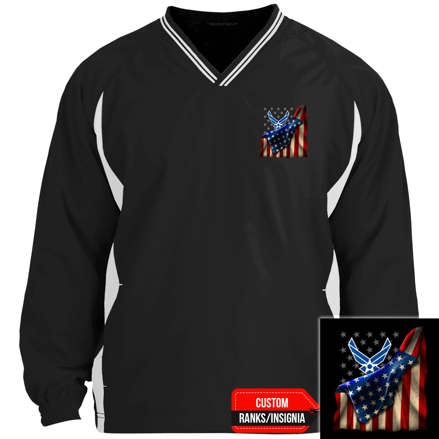 Custom US Air Force Ranks/Insignia, USA Flag, Print On Left Chest Windshirt