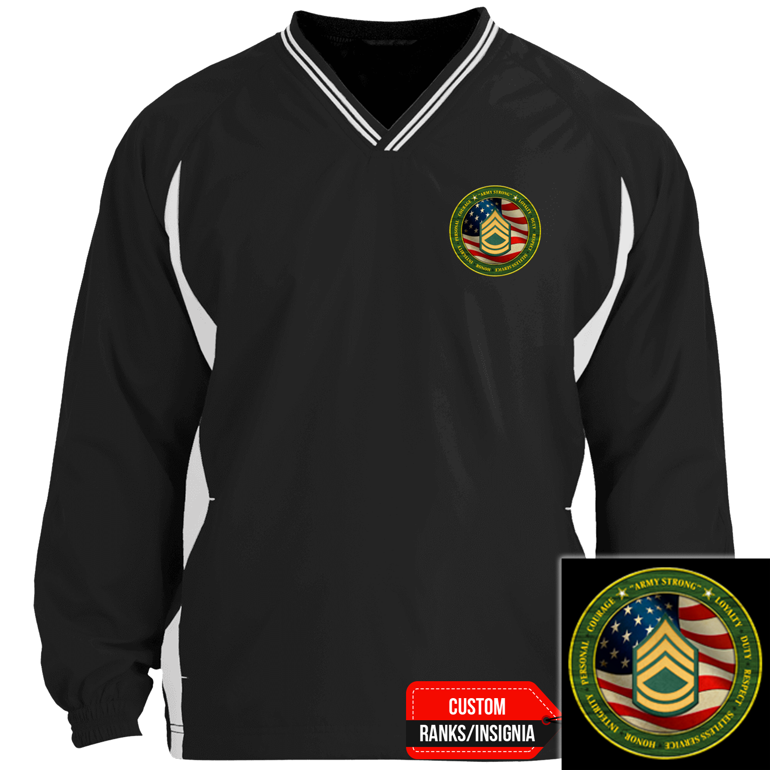 Custom US Army Ranks/Insignia Military Mottos, Core Values Print On Left Chest Windshirt