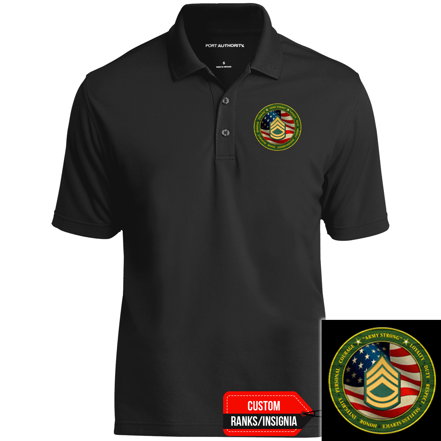 Custom US Army Ranks Insignia Military Mottos Core Values Print On Left Chest Polo Shirt