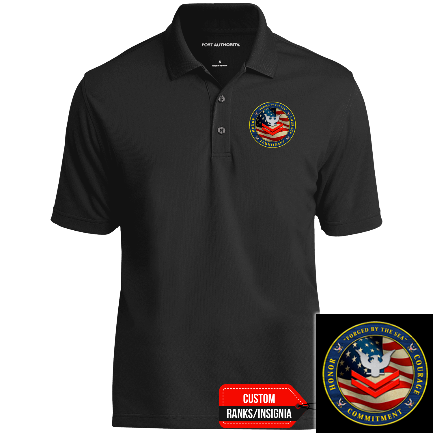 Custom US Navy Ranks/Insignia Military Mottos, Core Values Print On Left Chest Polo Shirt