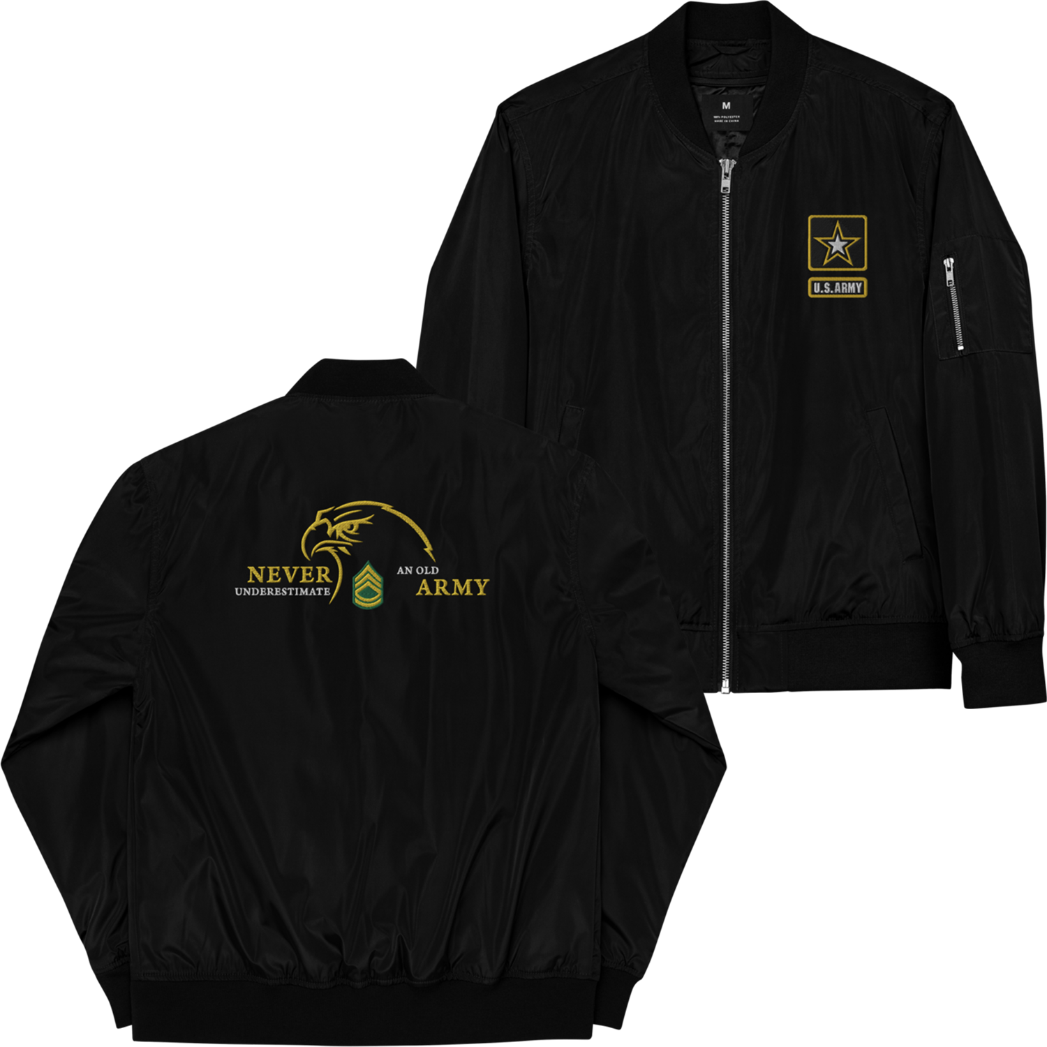 Never Underestimate An Old Army, Custom US Army Ranks, Insignia On Back, Embroidered Recycled Bomber Jacket