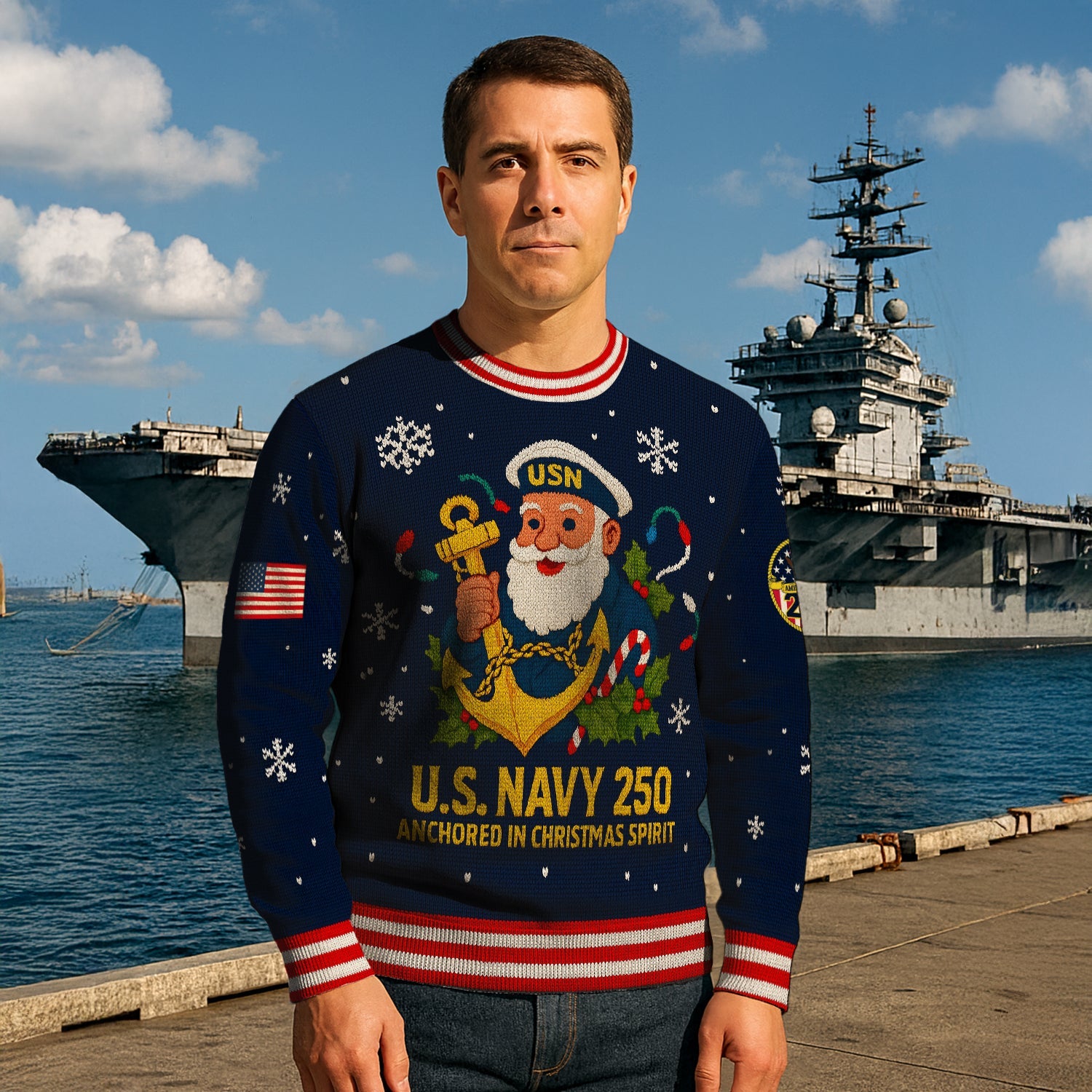 US Navy 250 Anchored In Christmas Spirit Christmas Ugly Sweater