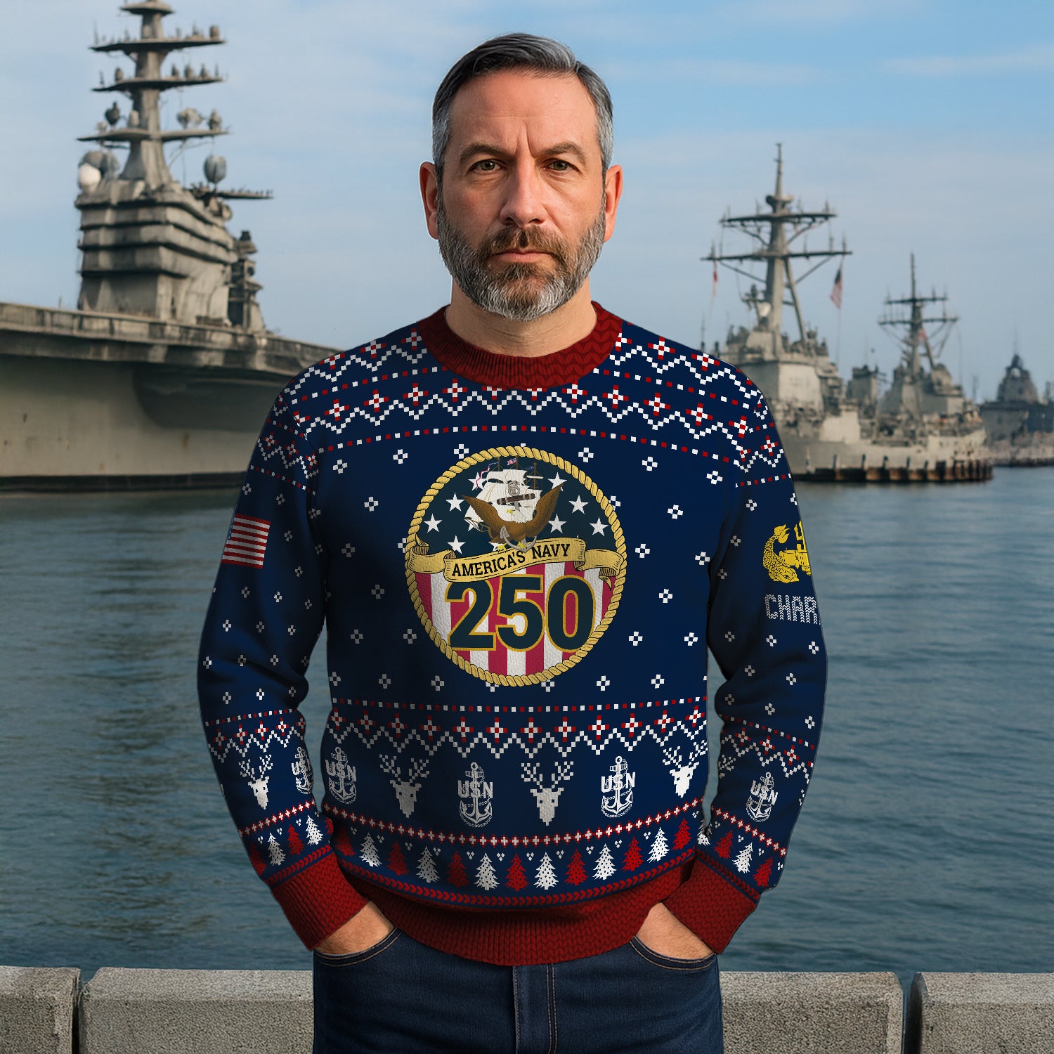 Custom Ranks And Text US Navy Ugly Christmas Sweater for Women Men JUST01