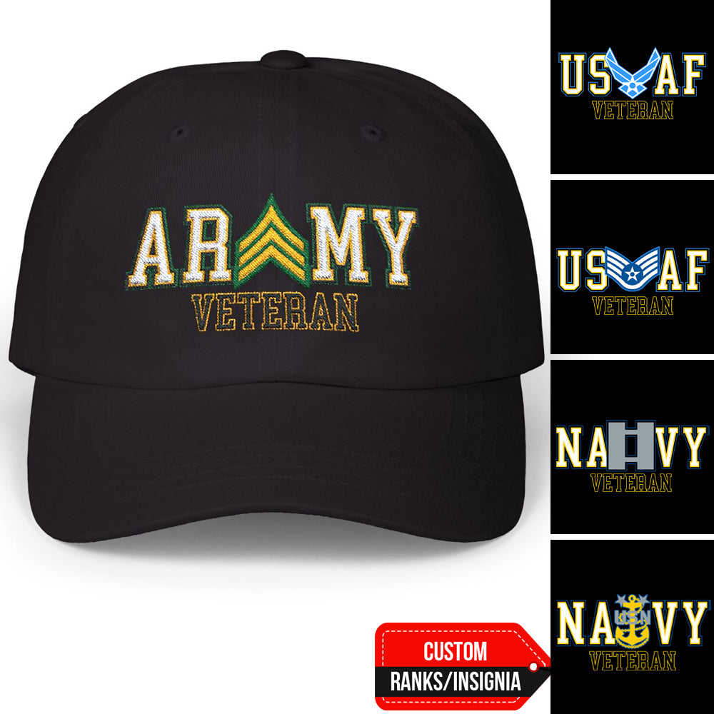 US Military Veteran Custom Ranks Insignia Embroidered Dad Hat