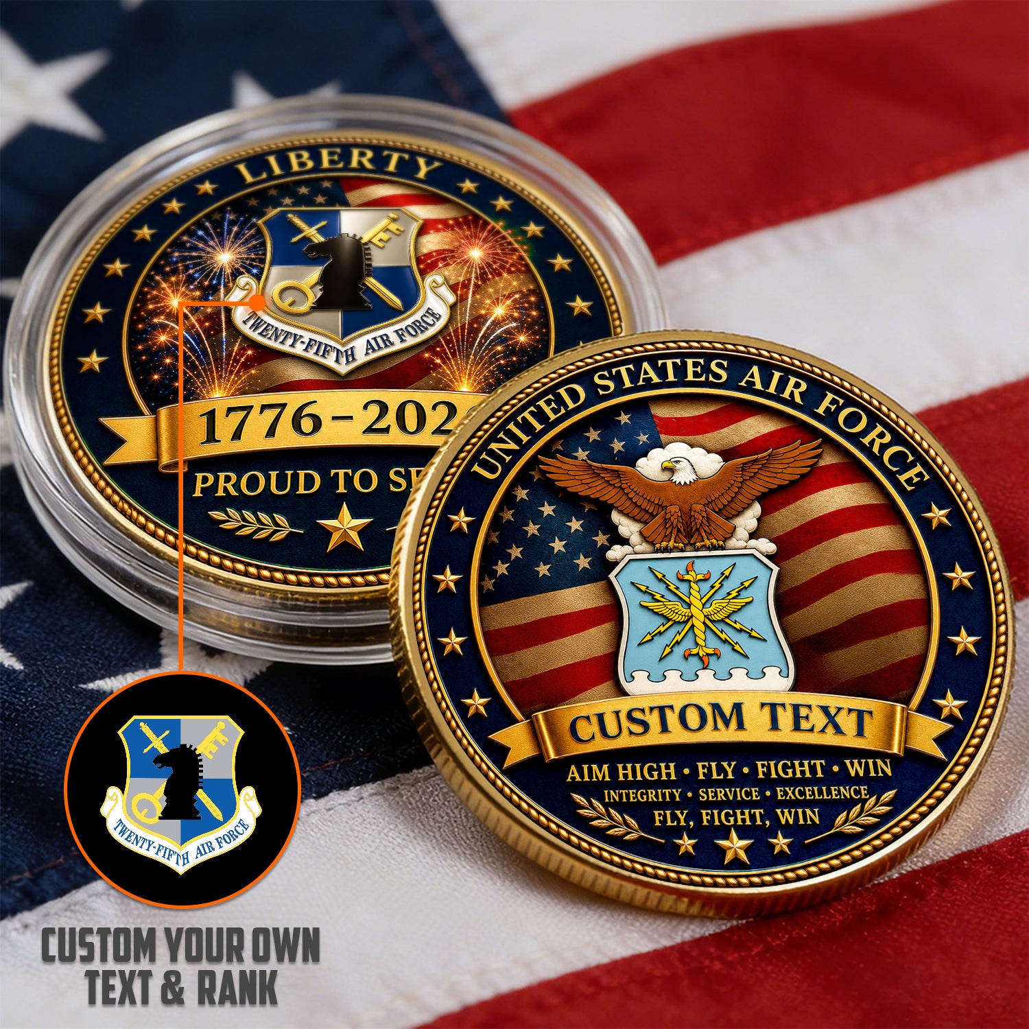 Personalized U.S. Air Force Veteran Rank Challenge Coin – Custom Text & Rank