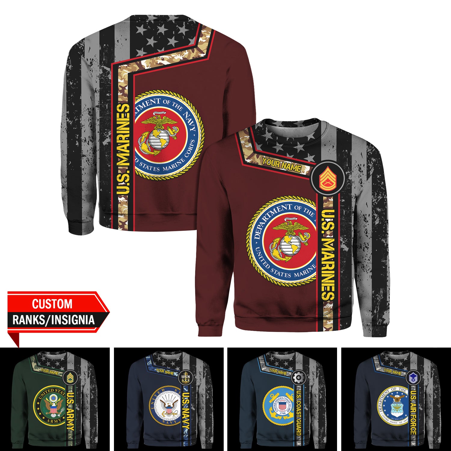 Custom 3D All Over Prints Ugly Sweater, Personalized Name And Military Logo, Black/White USA Flag