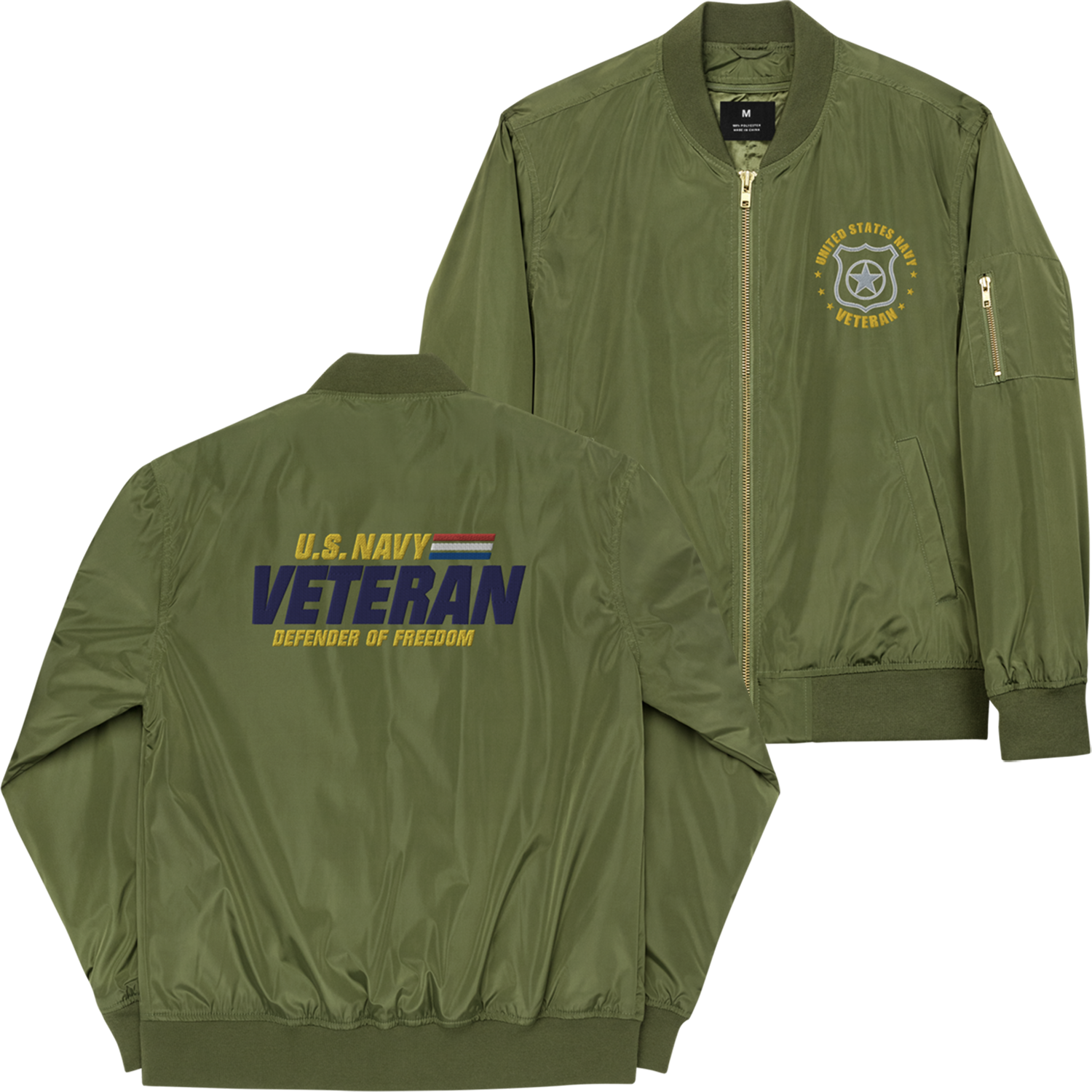 US Navy Veteran Defender Of Freedom, Custom US Navy Ranks, Insignia On Left Chest, Embroidered Recycled Bomber Jacket