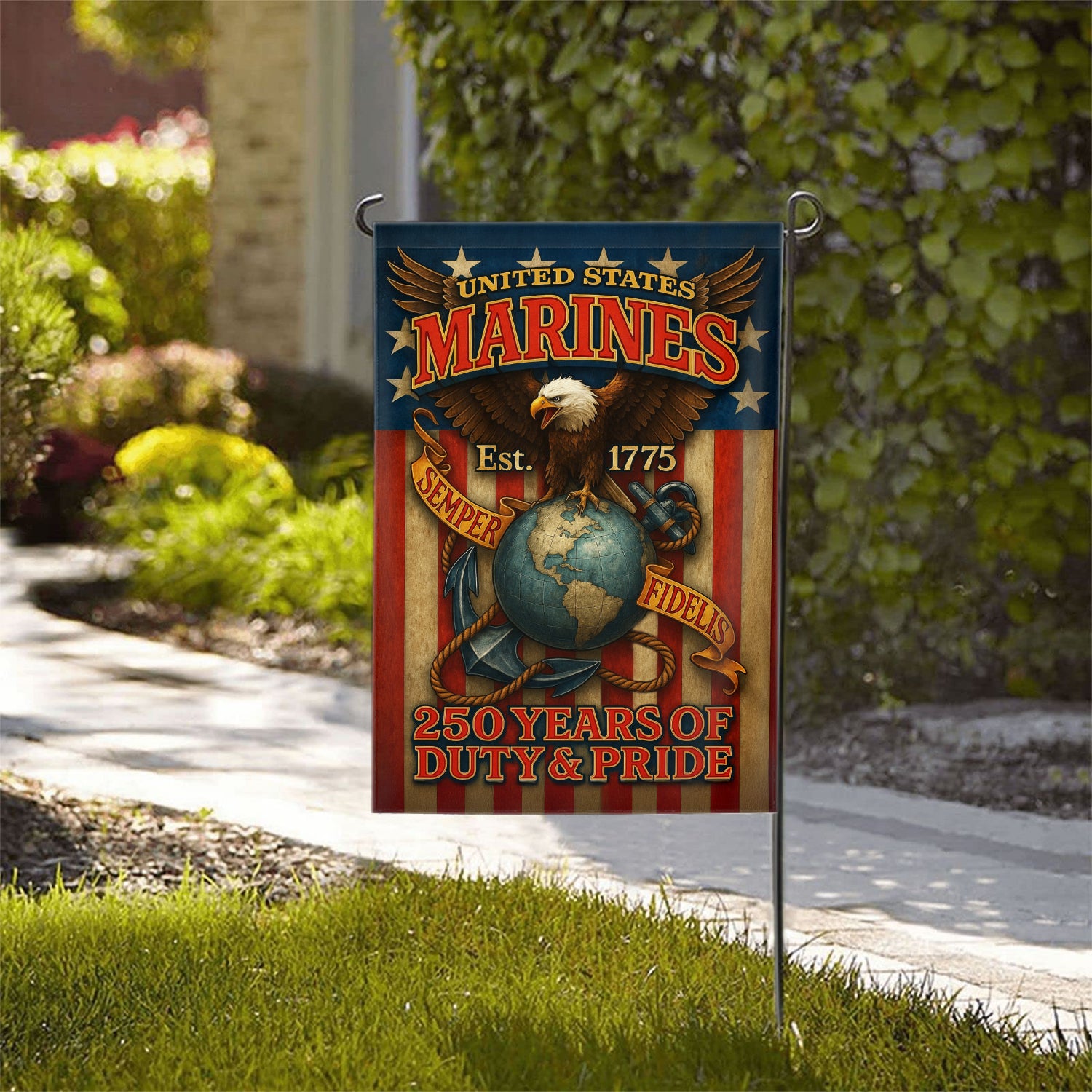MARlNE 250 Years Duty & Pride Garden Flag 12" x 18" Twin-Side Printing