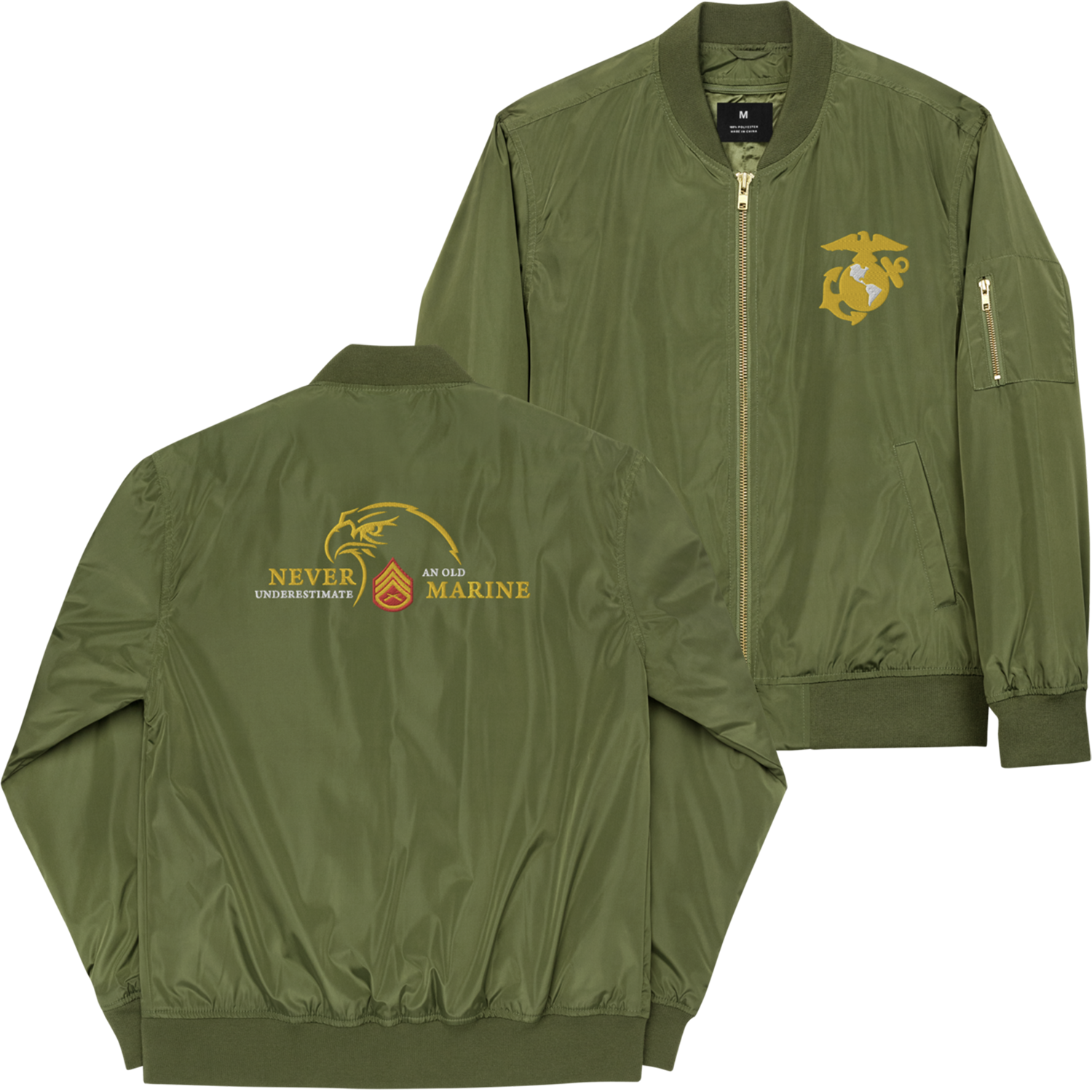 Never Underestimate An Old Marine, Custom US Marine Corps Ranks, Insignia On Back, Embroidered Recycled Bomber Jacket