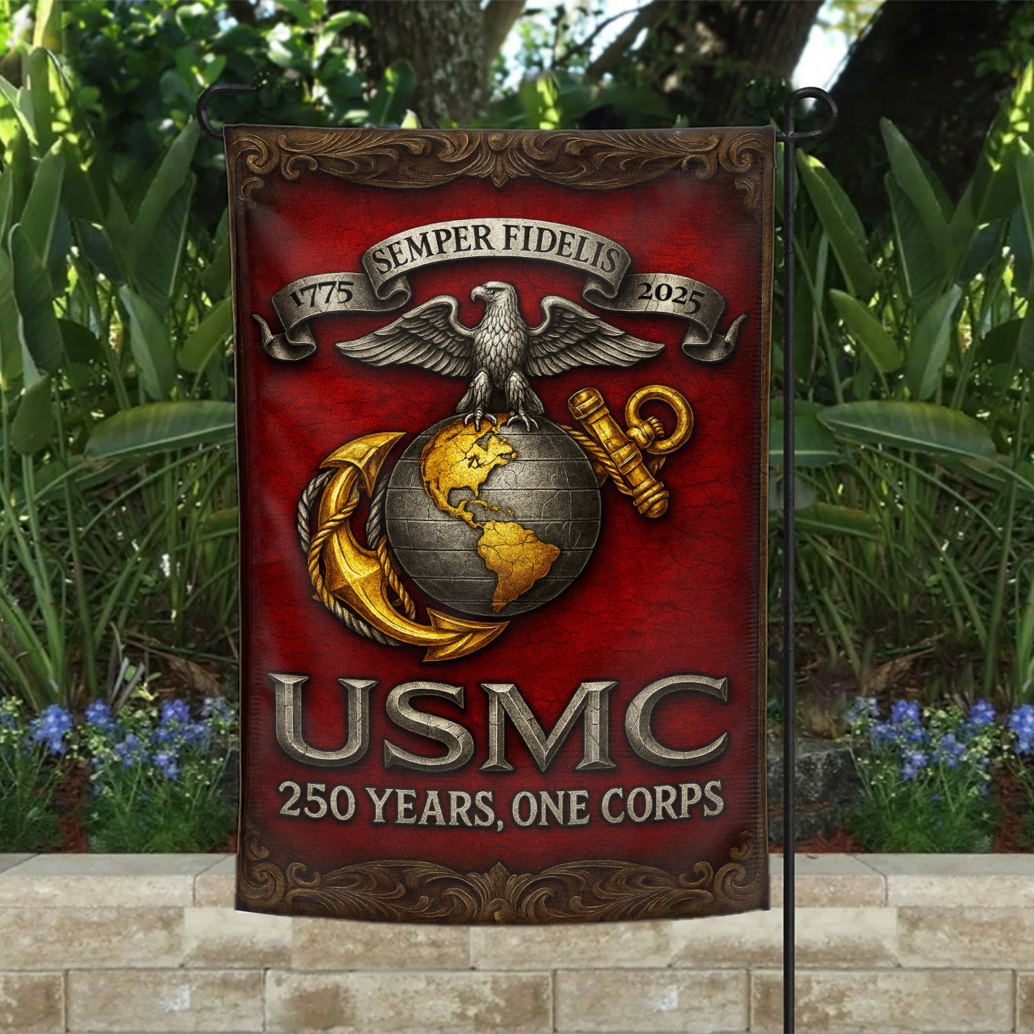 MARlNE 250th Years, One Corps Garden Flag 12" x 18" Twin-Side Printing
