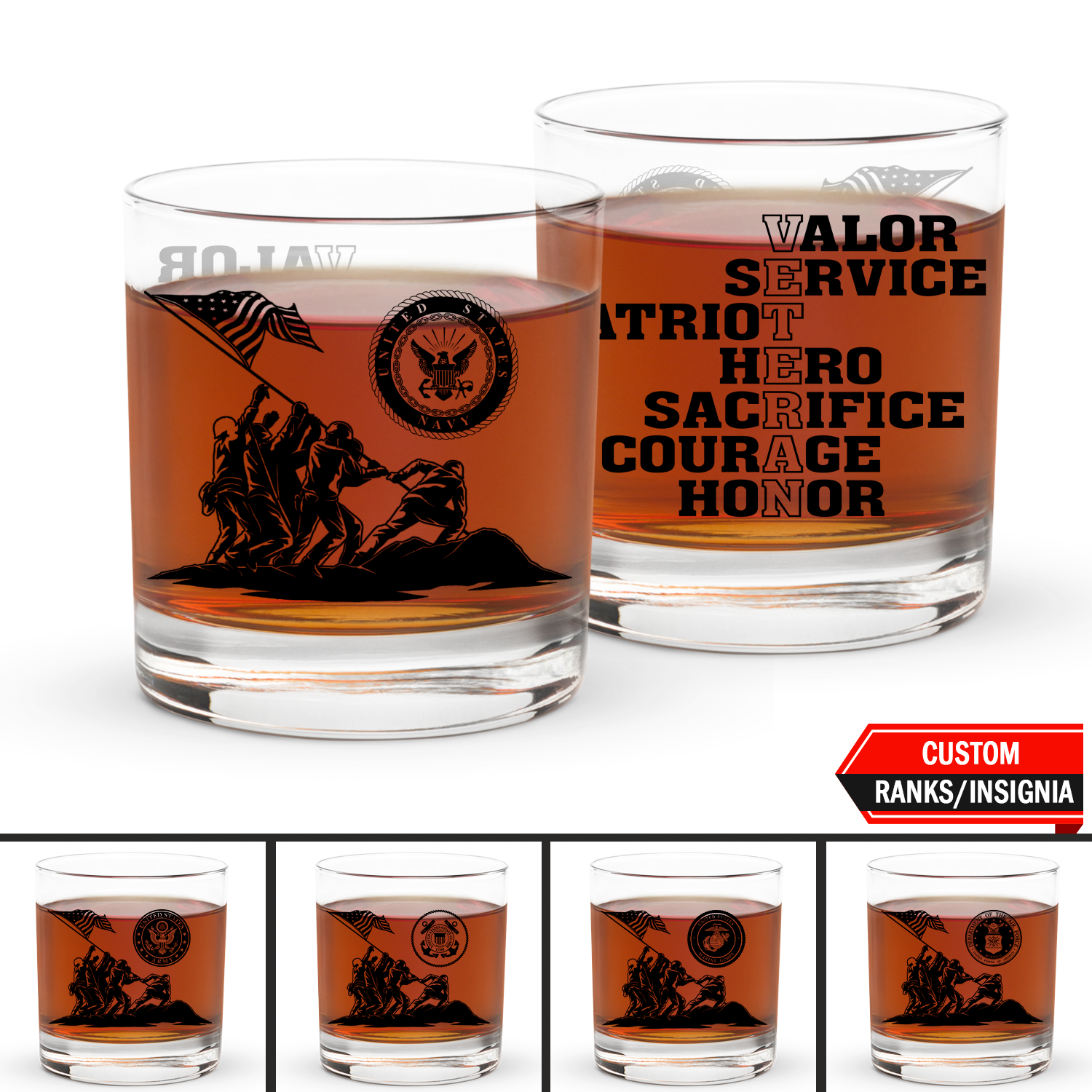 Custom US Military Ranks/Insignia JRGL04 Patriotic Eagle Rocks Glass - 10oz