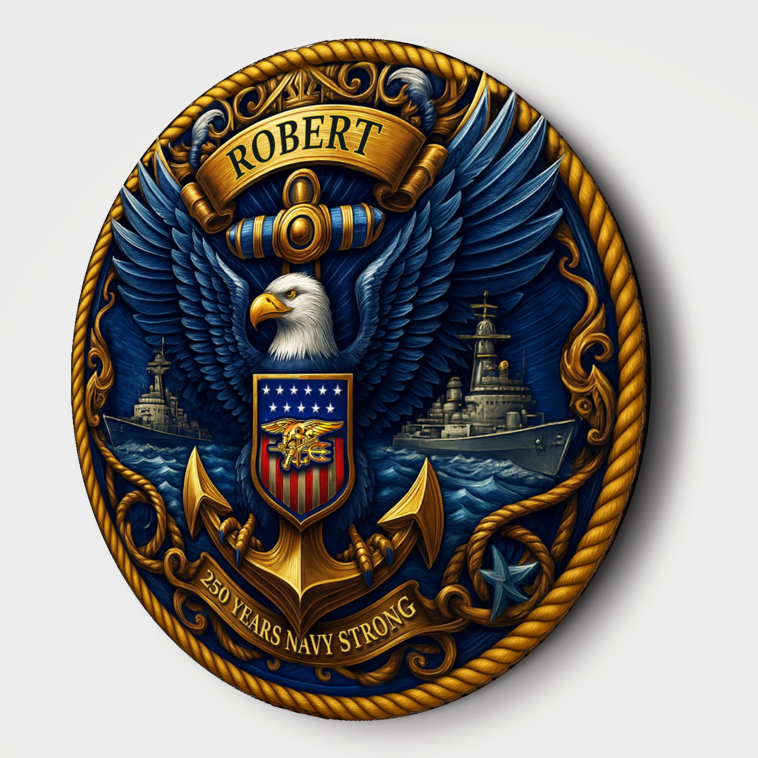 US Navy 250 Years Strong Eagle Round Sign – Personalized Navy Pride Wall Art