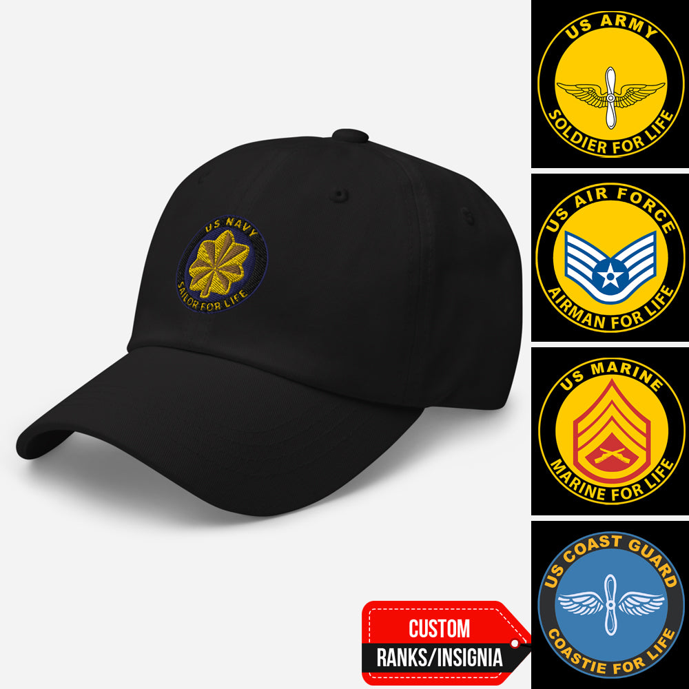 US Military Soldier, Sailor, Airman For Life Custom Ranks/Insignia Embroidered Dad Hat