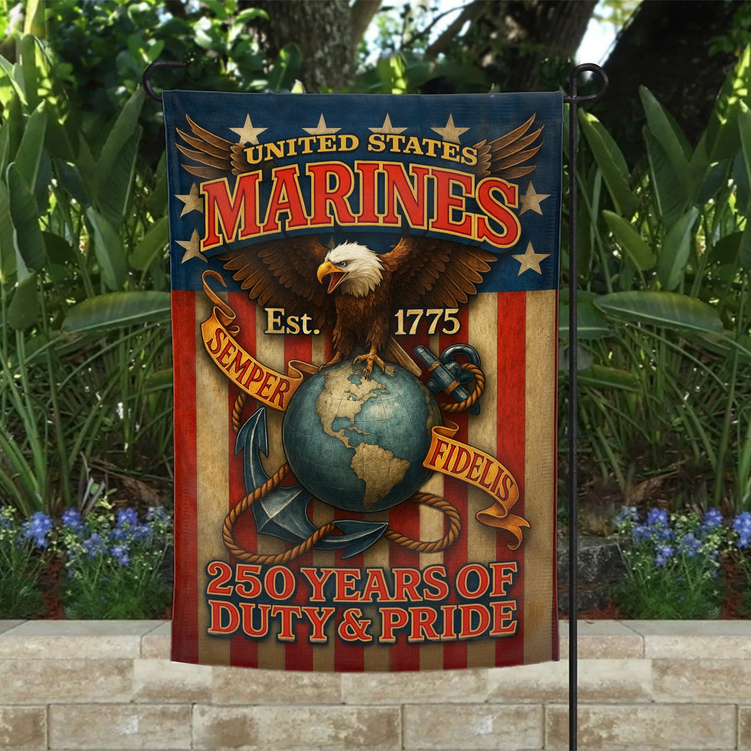 MARlNE 250 Years Duty & Pride Garden Flag 12" x 18" Twin-Side Printing