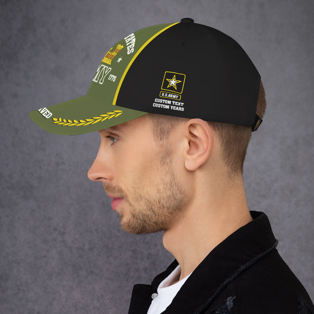 US Military Proudly Served Custom Ranks/Insignia, Personalized Name And Years Served All Over Prints Premium Classic Cap