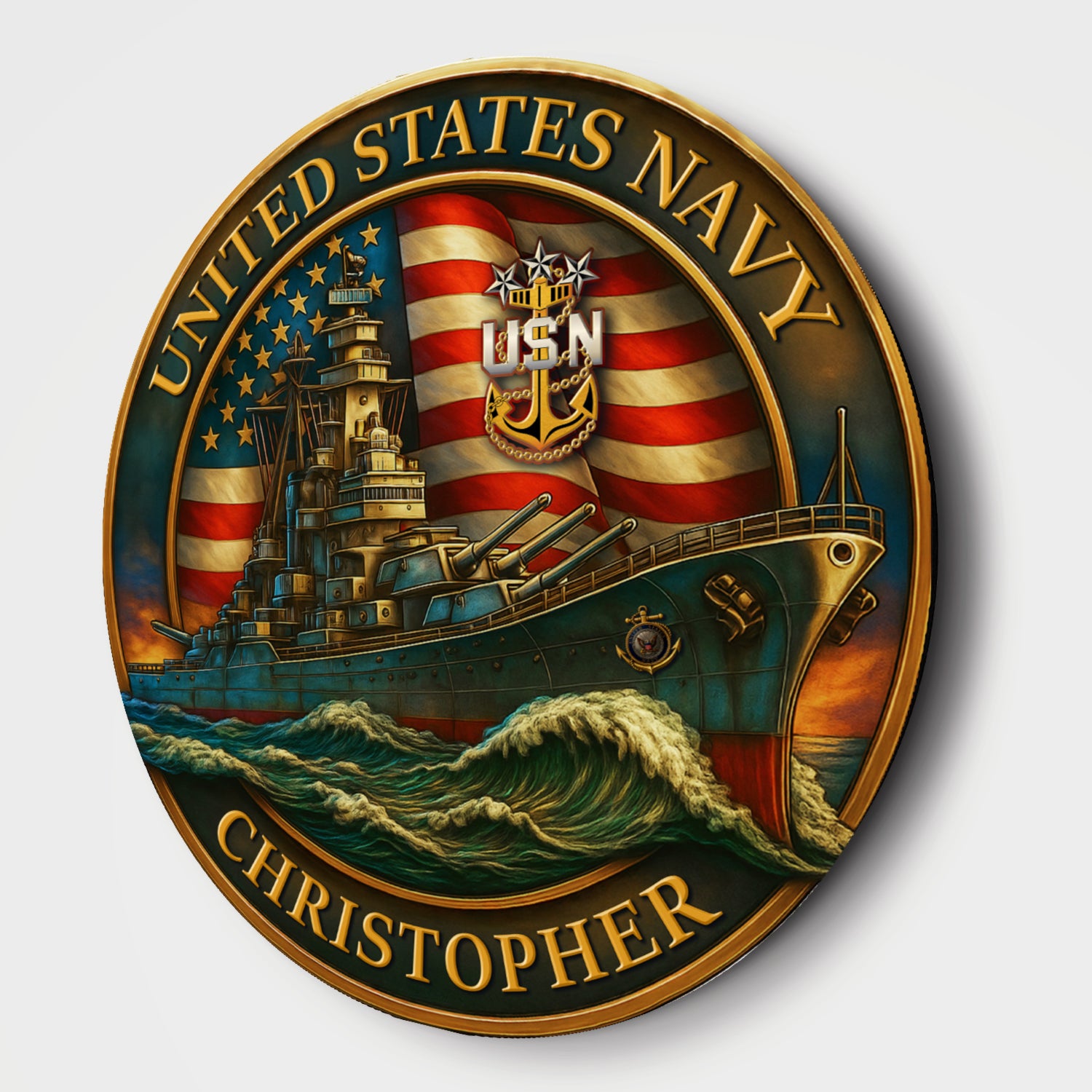 Personalized U.S. Navy Round Sign – Patriotic Decor for Sailors and Veterans