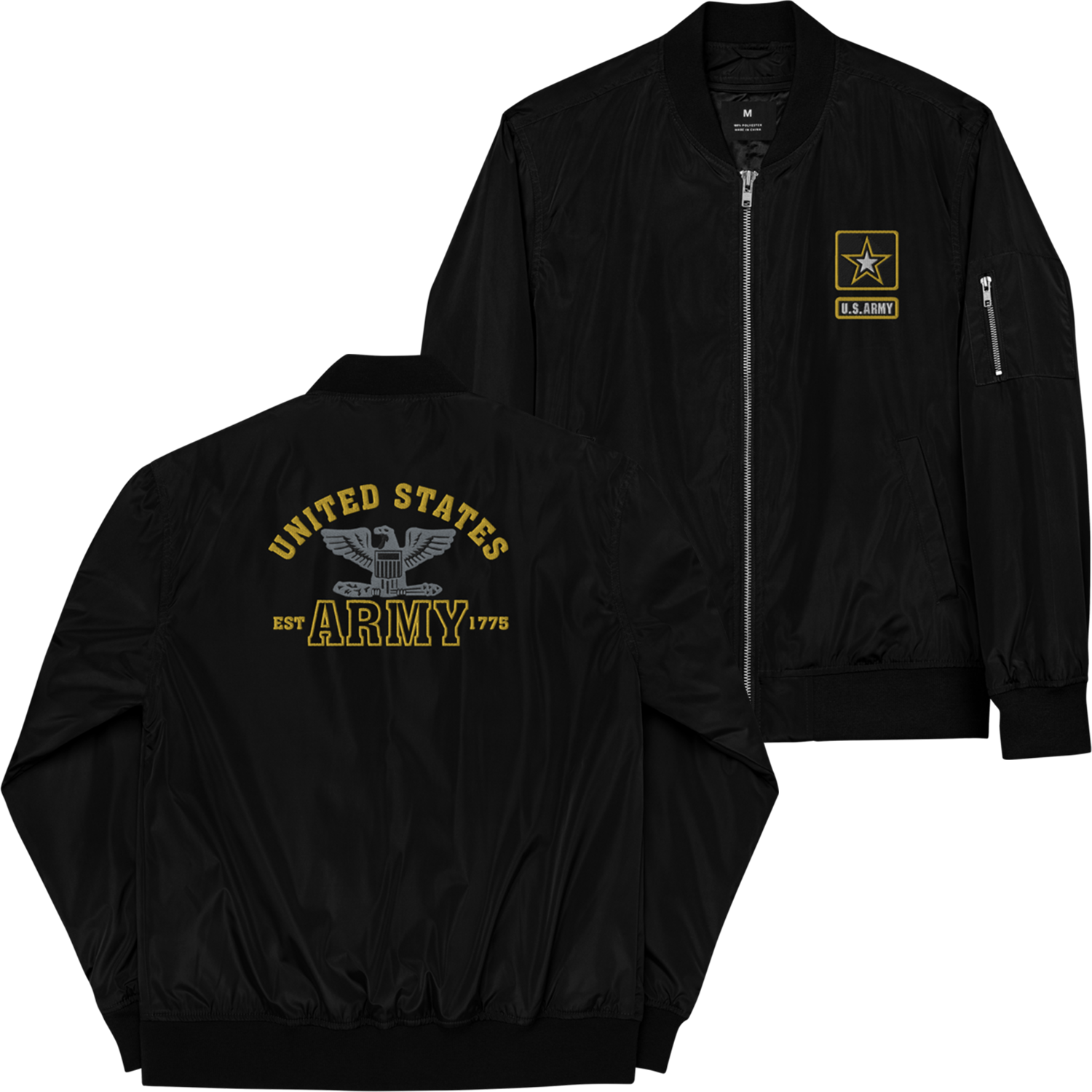 US Army EST. 1775, Custom US Army Ranks, Insignia On Back, Embroidered Recycled Bomber Jacket