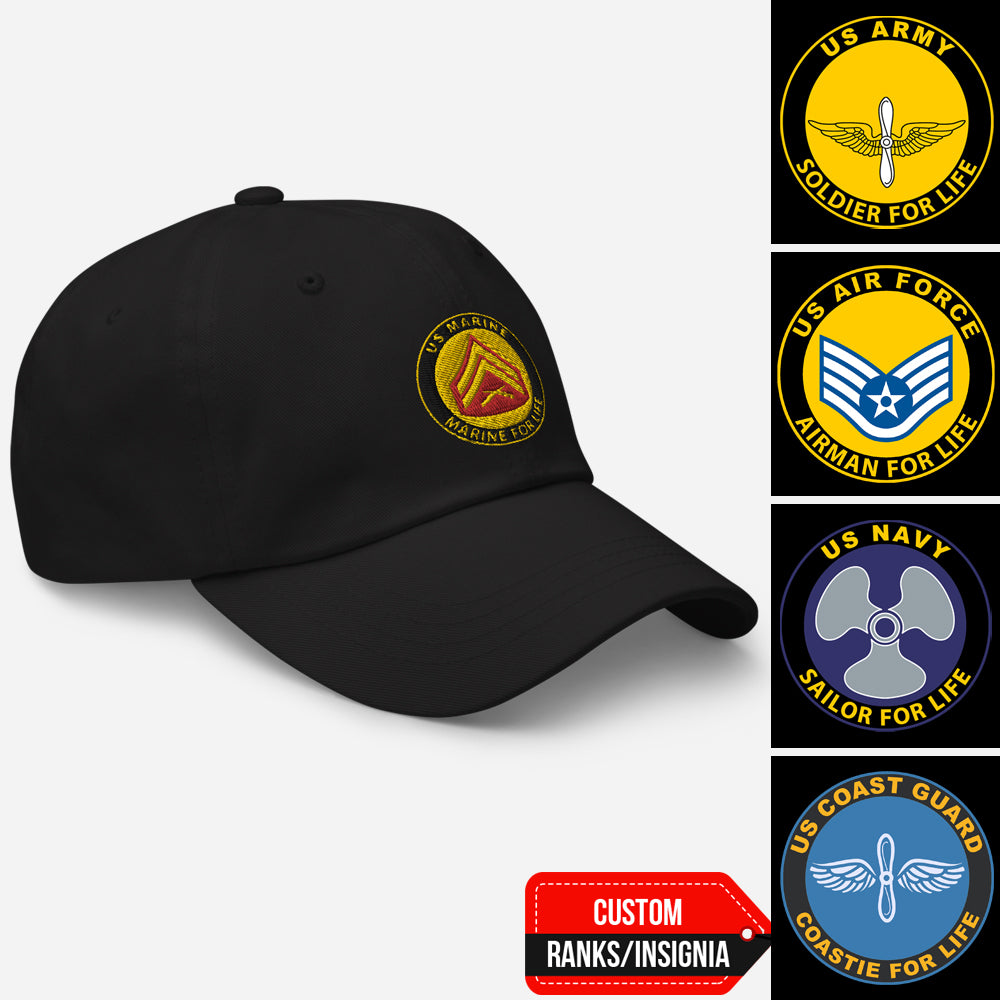 US Military Soldier, Sailor, Airman For Life Custom Ranks/Insignia Embroidered Dad Hat