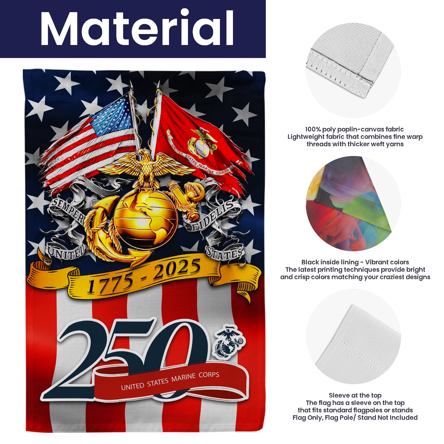 50年代　米軍実物　ハンドペイント　U.S.M.C. 1294320 バナー MARlNE 250 Years Of Service Garden Flag Twin-Side Printing