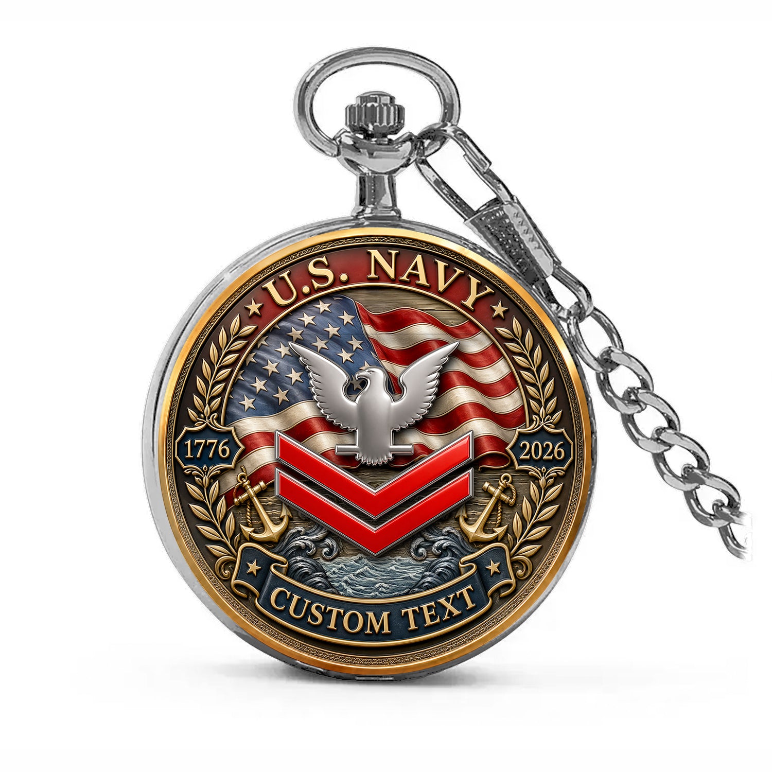US Navy Pocket Watch Personalized Text and Rank Gift