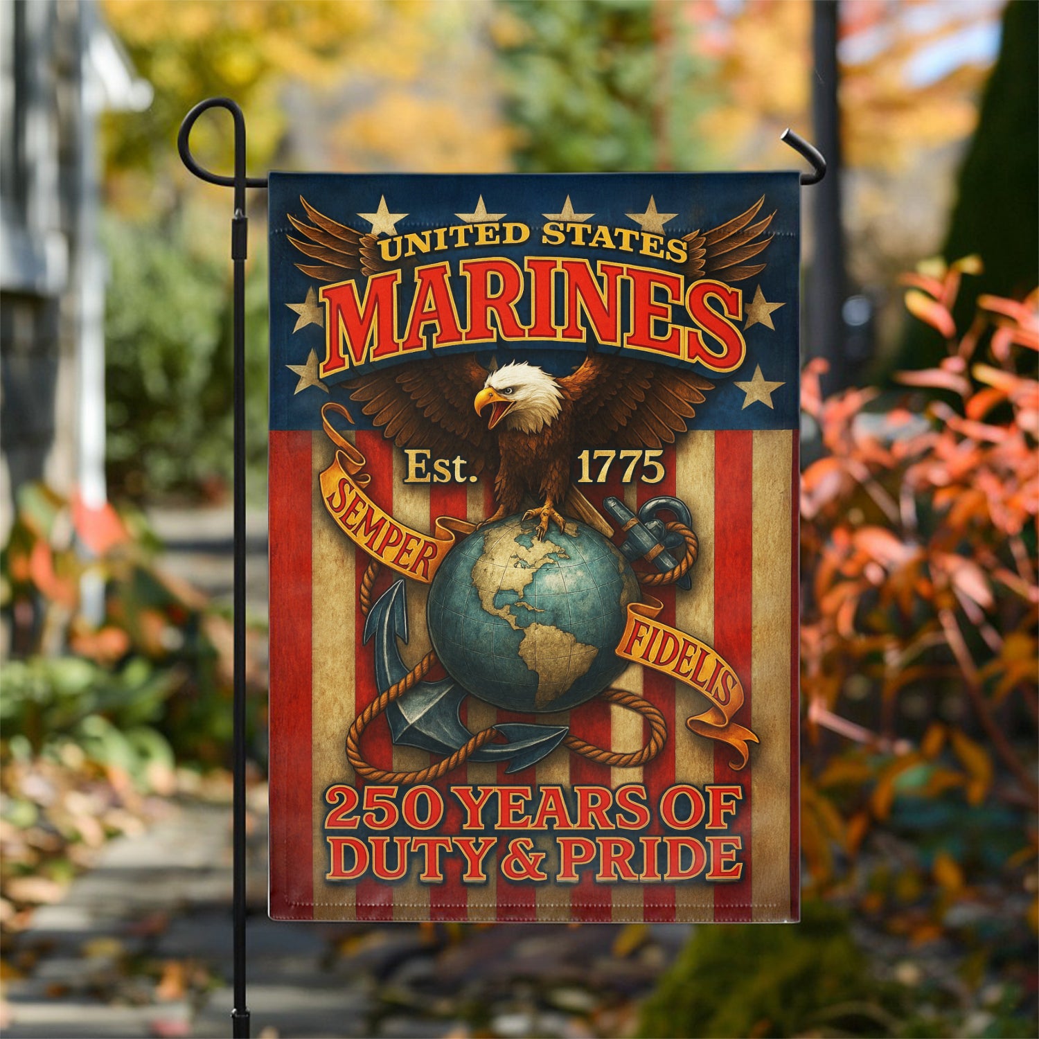 MARlNE 250 Years Duty & Pride Garden Flag 12" x 18" Twin-Side Printing