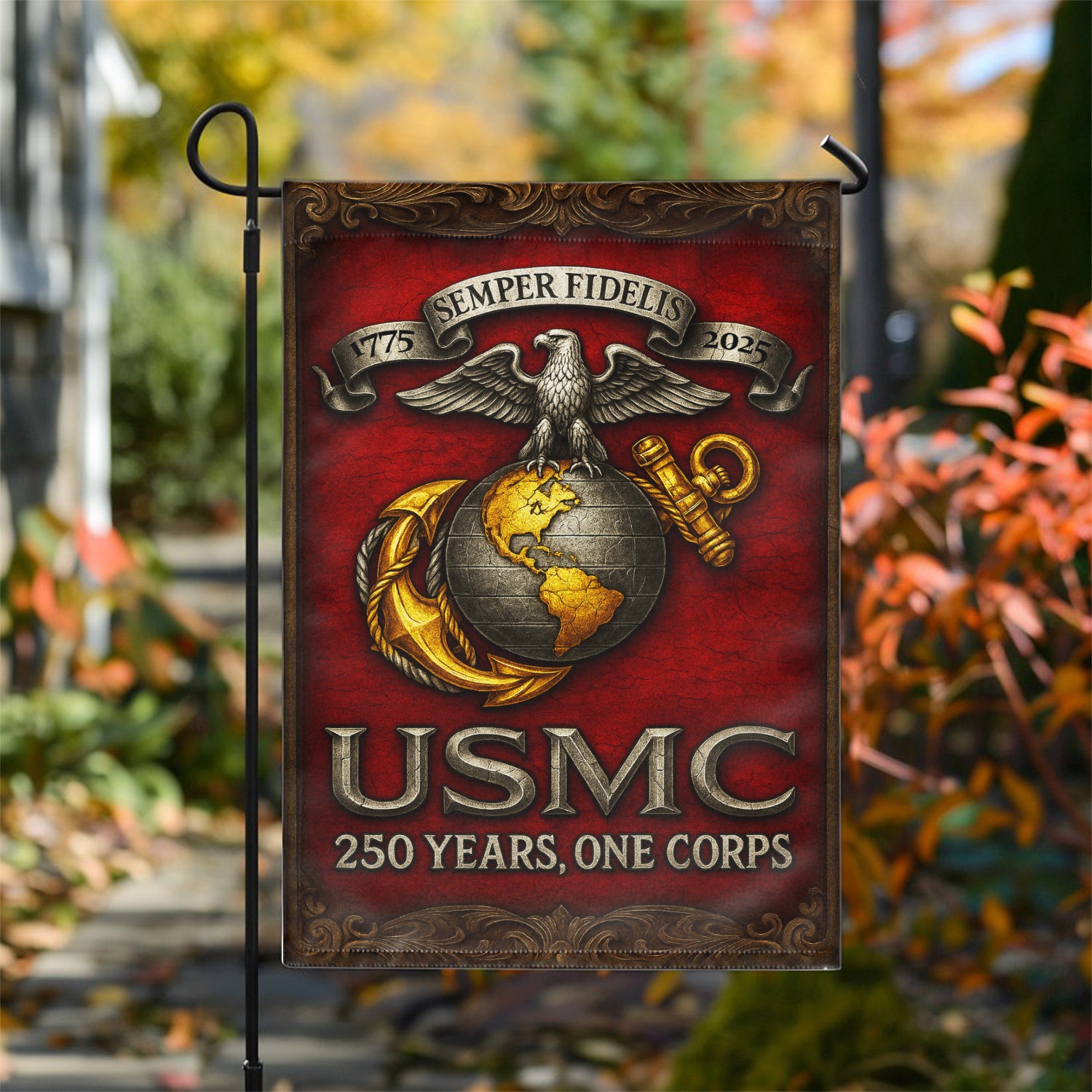 MARlNE 250th Years, One Corps Garden Flag 12" x 18" Twin-Side Printing
