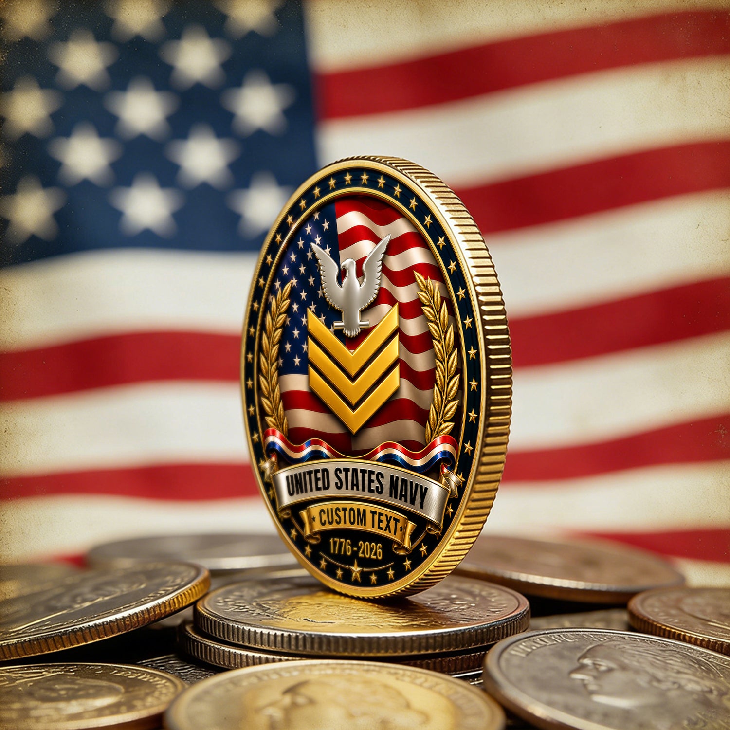 Personalized Navy Military Coin America 250 Veteran Present