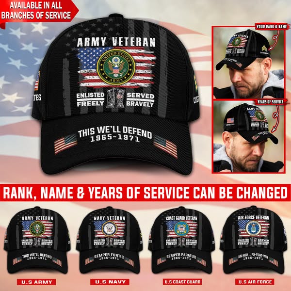 US Military Veteran Military Mottos Custom Ranks/Insignia, Personalized Name And Years Served All Over Prints Premium Classic Cap