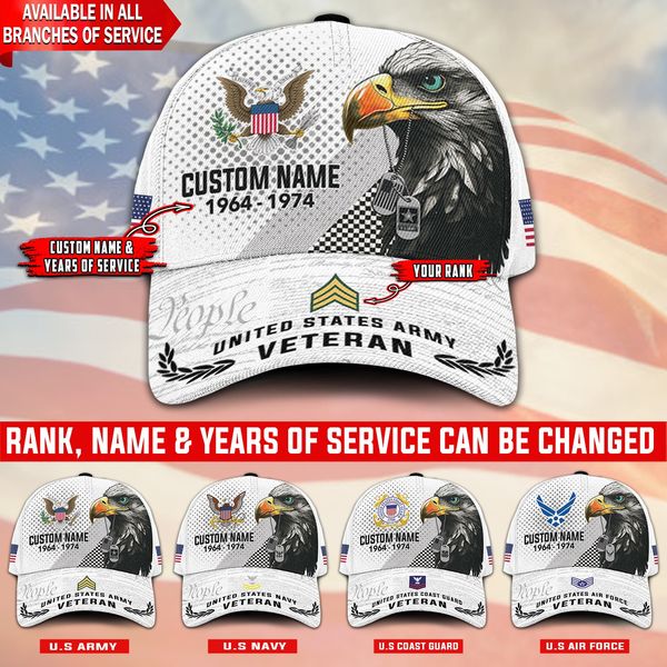 US Military Veteran American Eagle Custom Ranks/Insignia, Personalized Name And Years Served All Over Prints Premium Classic Cap