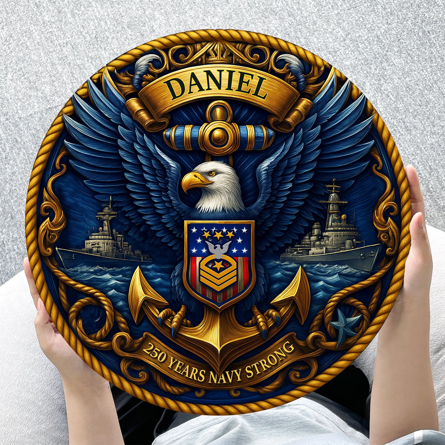 US Navy 250 Years Strong Eagle Round Sign – Personalized Navy Pride Wall Art