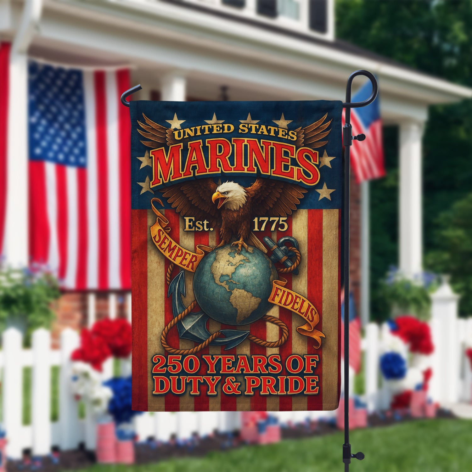 MARlNE 250 Years Duty & Pride Garden Flag 12" x 18" Twin-Side Printing