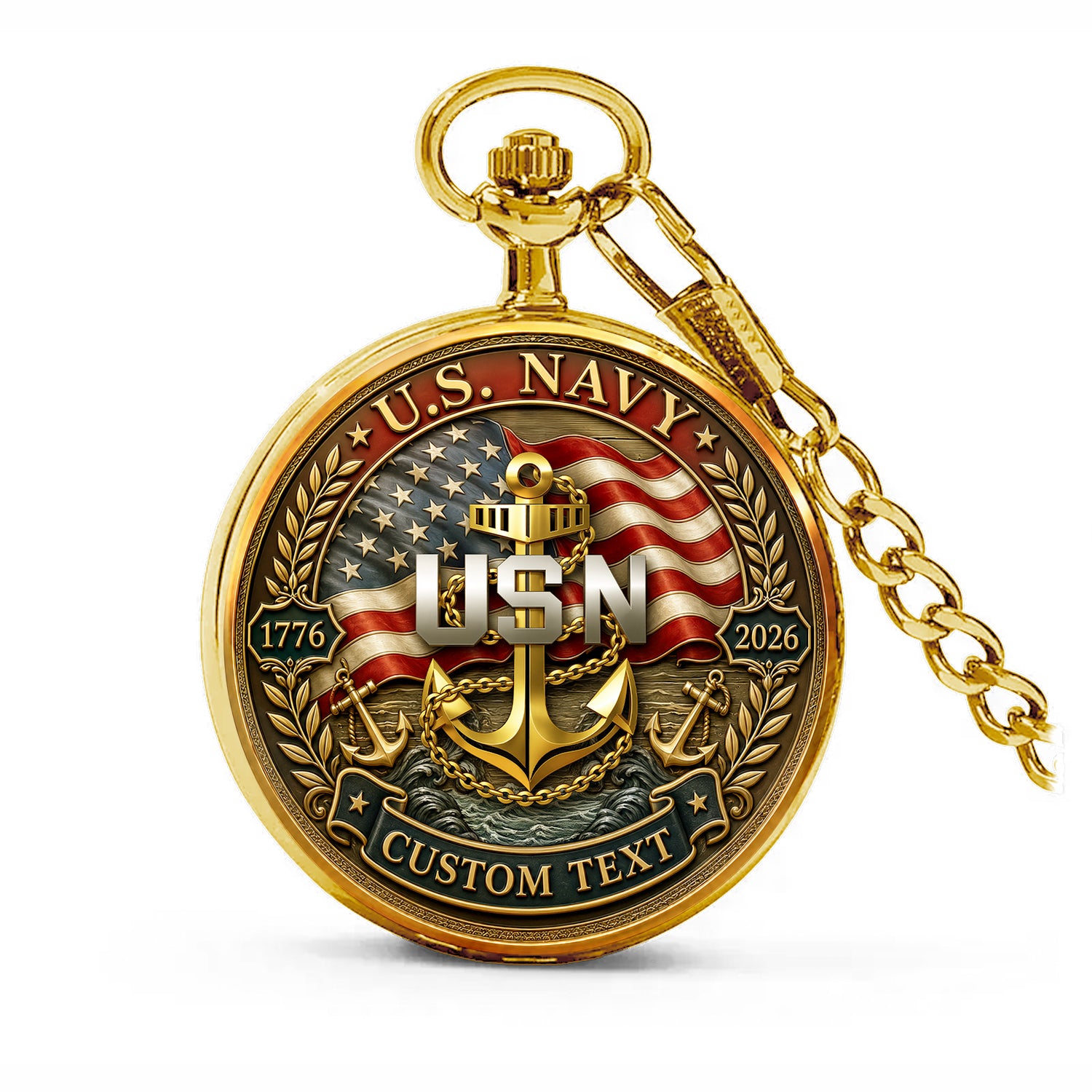 US Navy Pocket Watch Personalized Text and Rank Gift
