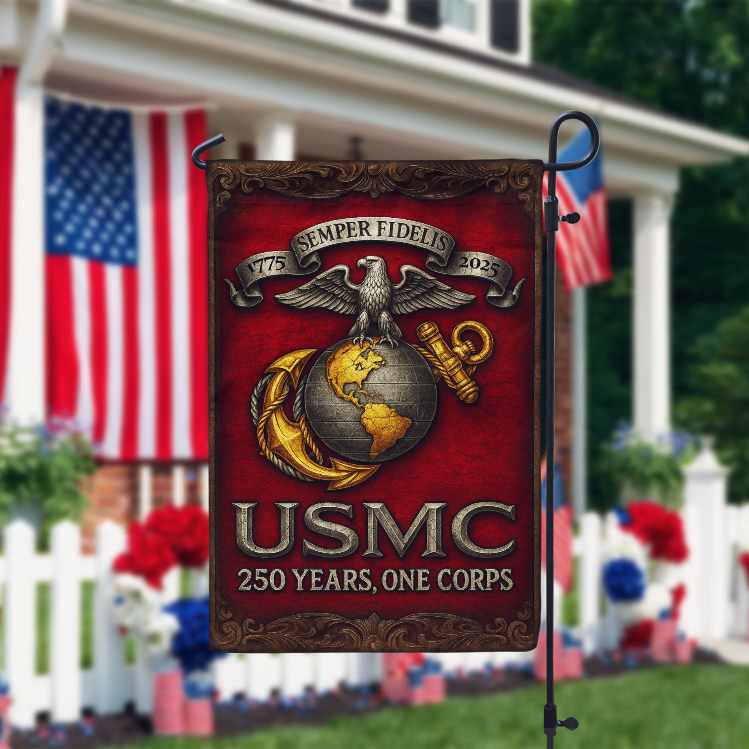 MARlNE 250th Years, One Corps Garden Flag 12" x 18" Twin-Side Printing