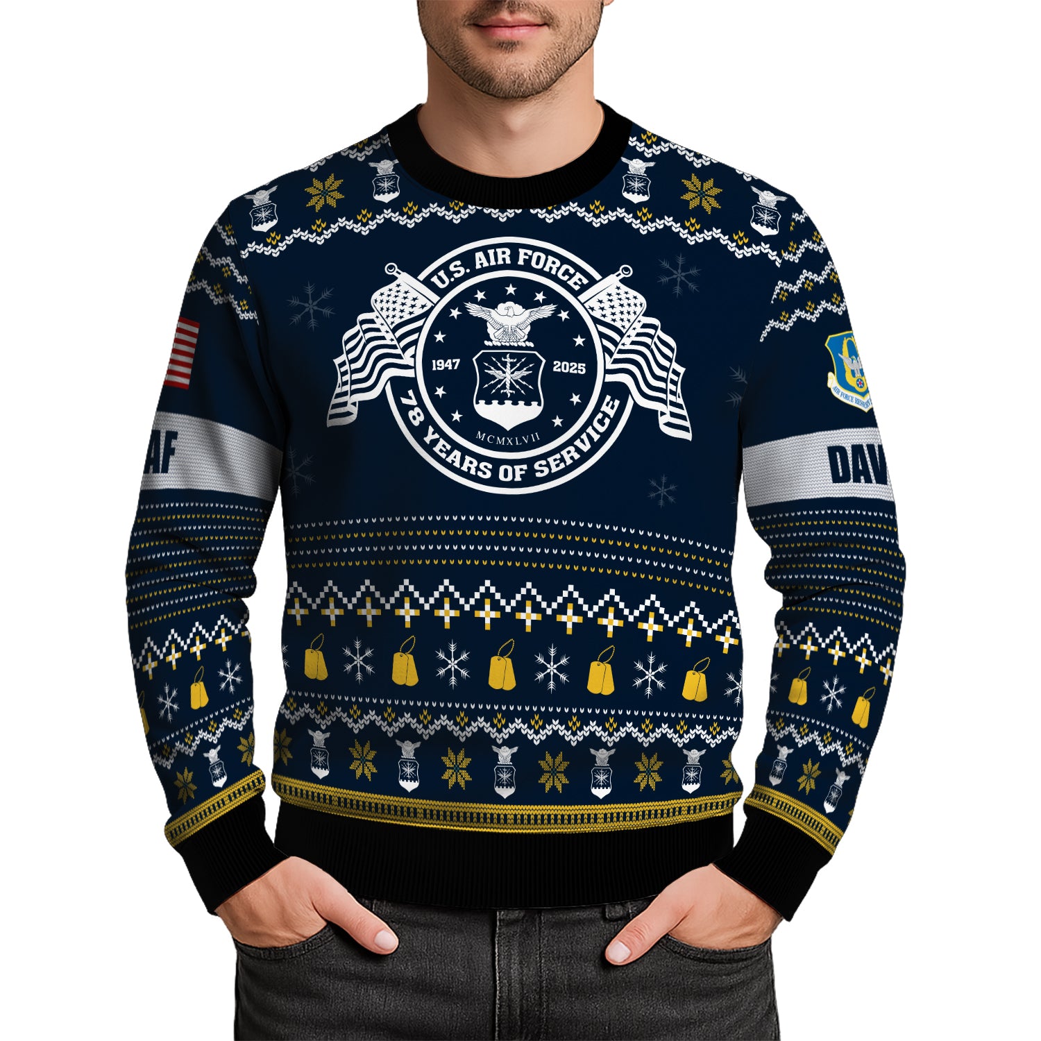 Custom Ranks And Text US Air Force Ugly Christmas Sweater for Women Men JUST04