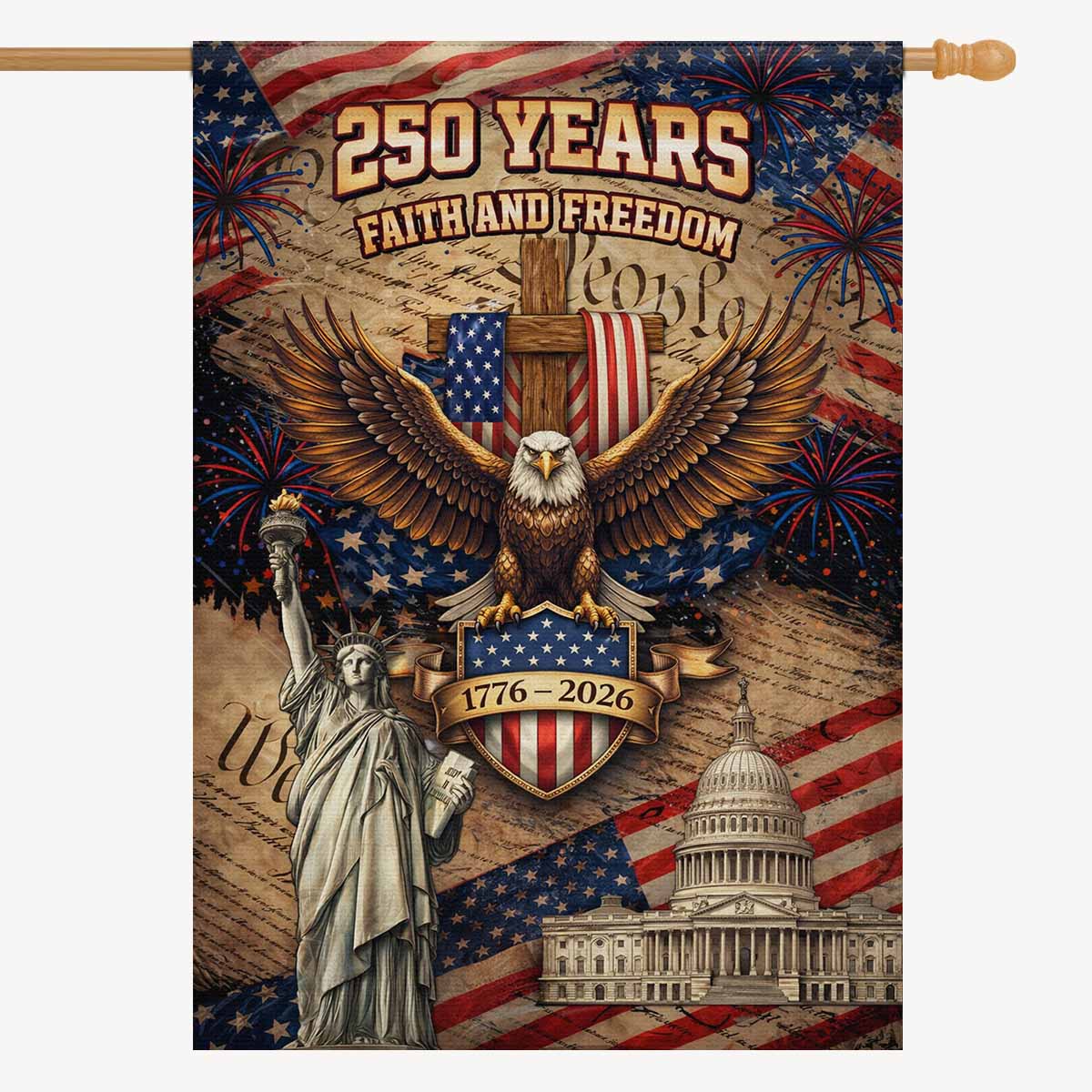 250 Years Faith and Freedom Patriotic House Flag Cross Eagle 1776-2026