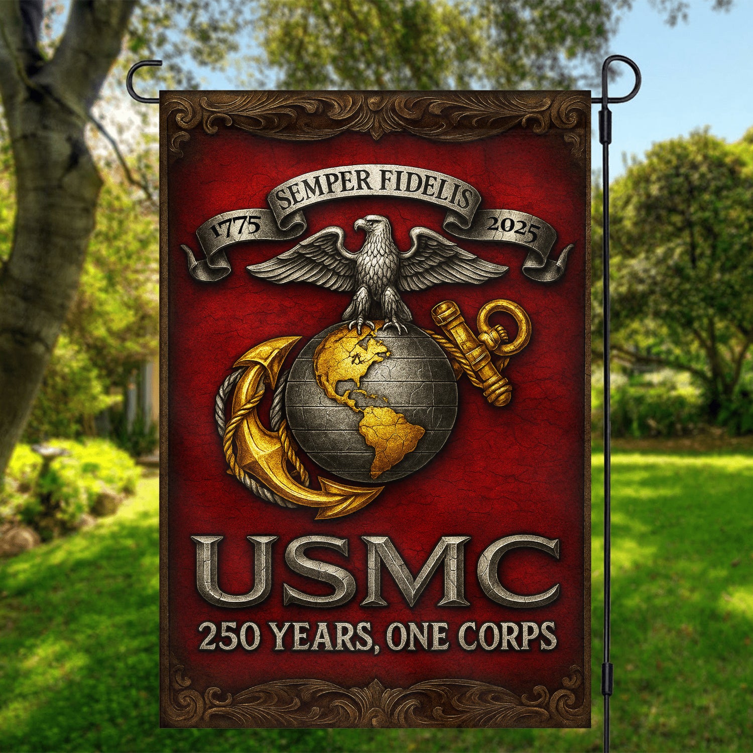 MARlNE 250th Years, One Corps Garden Flag 12" x 18" Twin-Side Printing